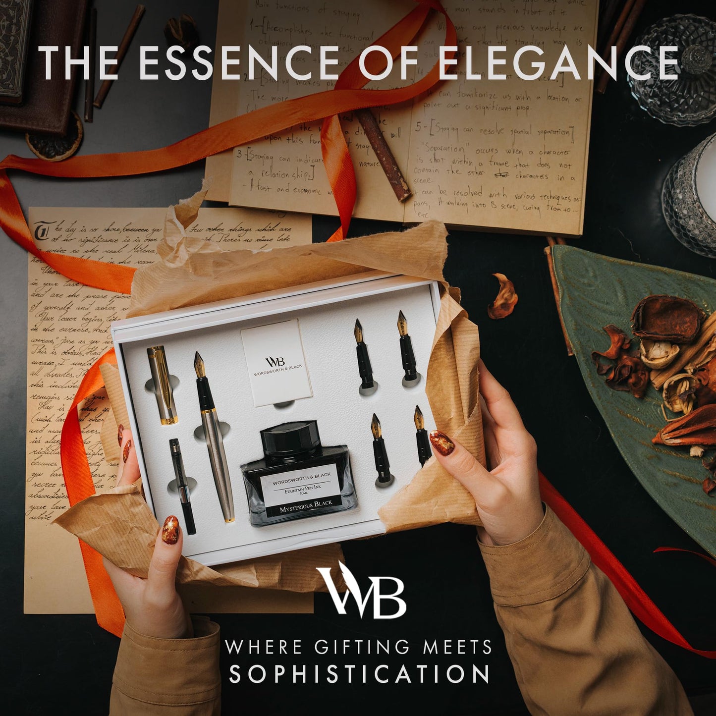 Wordsworth & Black Fountain Pen Gift Set, Includes Ink Bottle, 6 Ink Cartridges & A Refill Converter, 4 Replacement Nibs, Premium Package, Journaling, Calligraphy, Smooth Writing Pens [Silver Chrome]