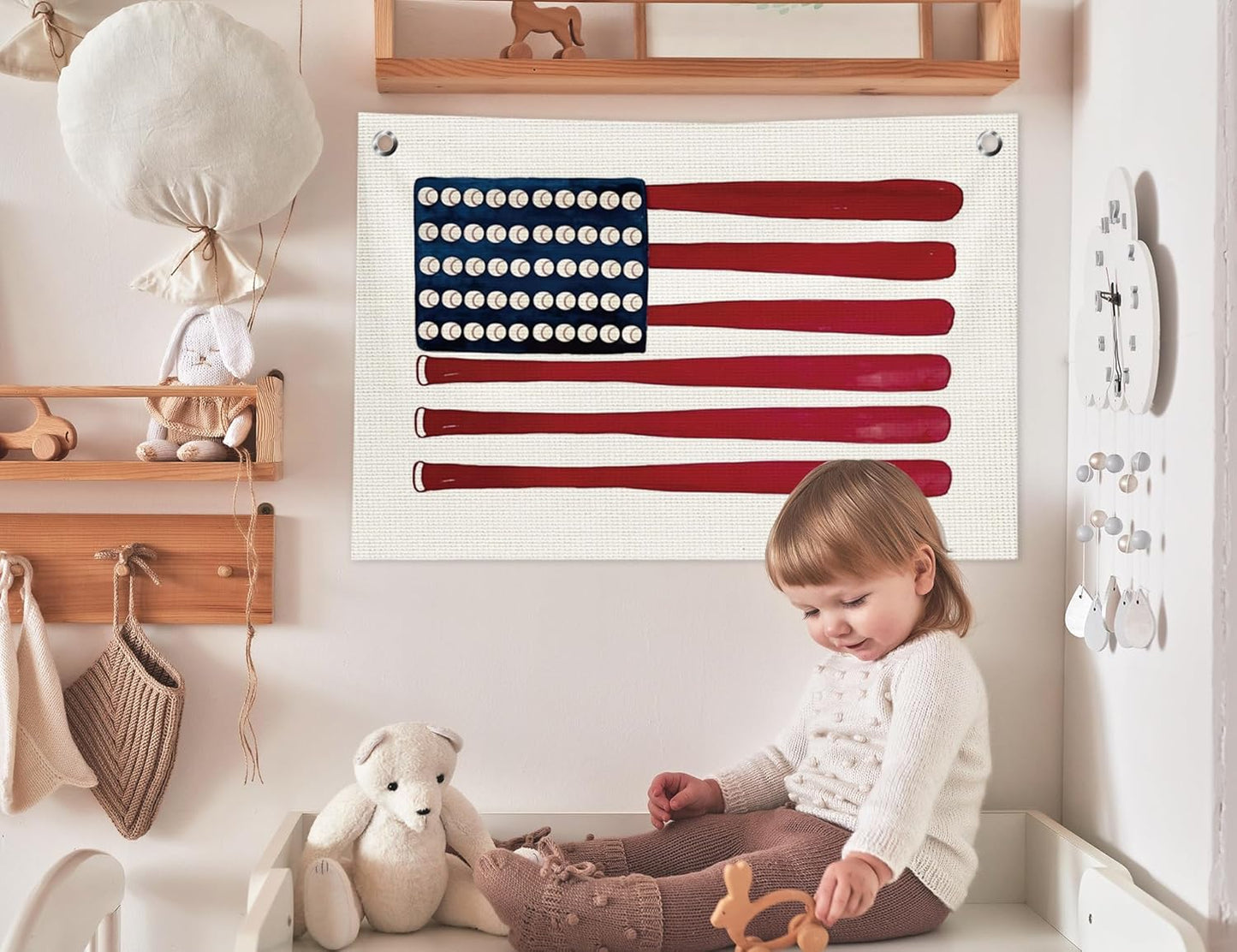 Baseball Wall Decor, Baseball Room Decor for Boys, Vintage Base Ball Bat American Flag Hanging Canvas Banner Flag Wall Art Decor for Kids Boys Nursery Room Bedroom Playroom, 20x30 in