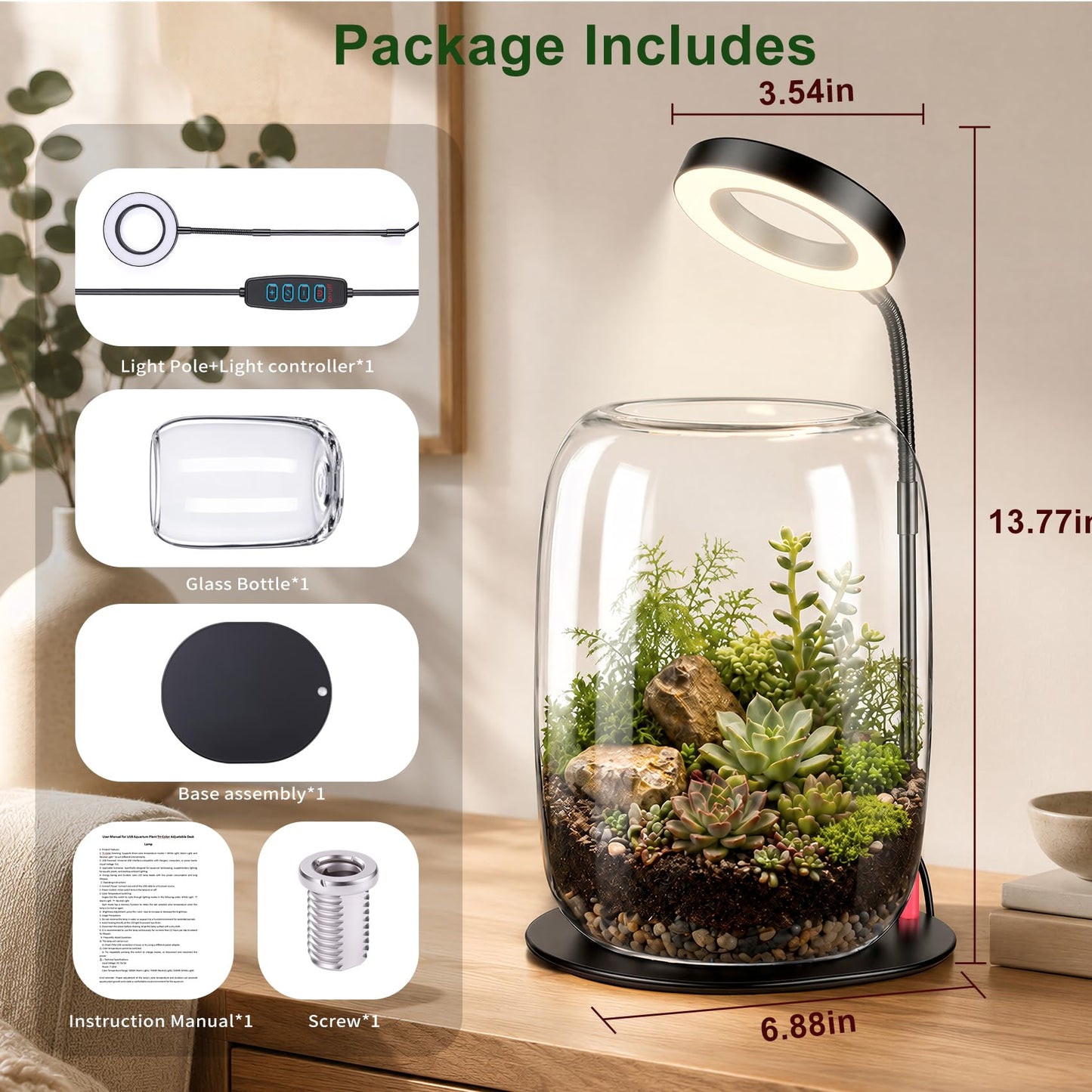 5X Aperture Glass Terrarium Grow Light with Full Spectrum LED for Indoor Plants, Mini Desk Plant Growing Lamp for Succulents & Moss, 3 Modes, 10 Brightness Levels, Height Adjustable