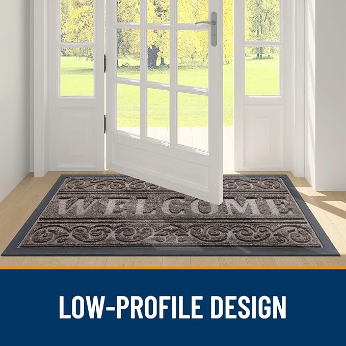 OLANLY Welcome Door Mat Indoor Outdoor Entrance, Heavy Duty Sturdy Front Door Mat, Waterproof All-Weather Doormat, Stain Resistant, Low Profile, Easy Clean Patio Entryway Mat, 29.5 x 17, Medium Brown