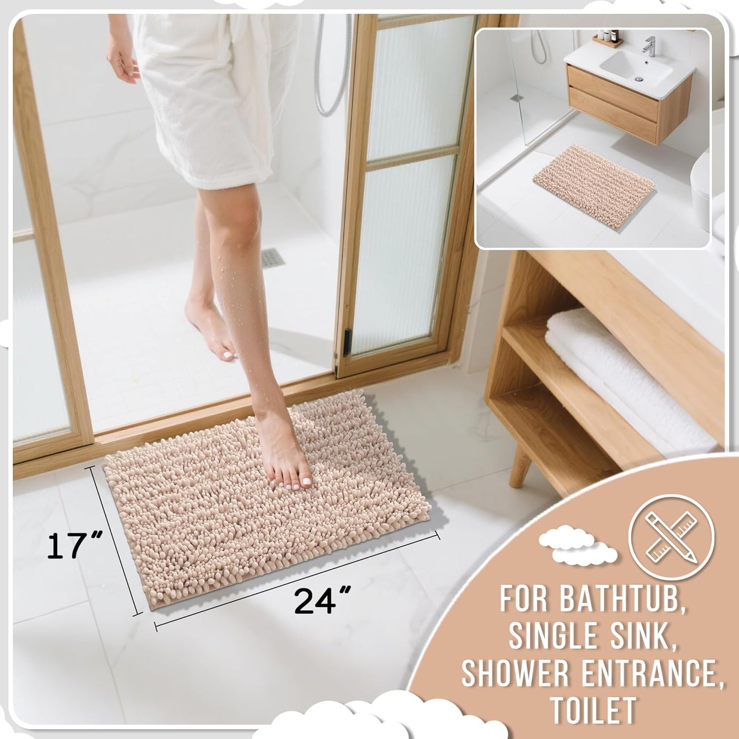 Yimobra Bathroom Rugs Non Slip Washable - Ultra Soft Absorbent Chenille Bath Mat, Quick Dry Shaggy Floor Carpet for Tub Shower, Pinkish Beige Home Decor Accessories, 24x17 Inch