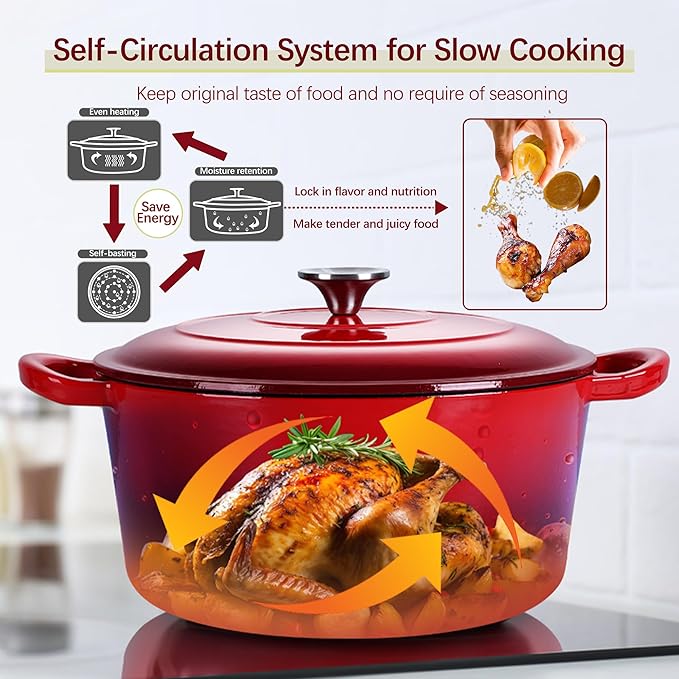 E-far 7QT Enameled Dutch Oven, Cast Iron Dutch Oven Pot with Lid for Cooking/Bread Baking/Braising/Roasting/Stewing, Heavy Duty Round Nonstick Cookware Safe for Induction & Oven - Red