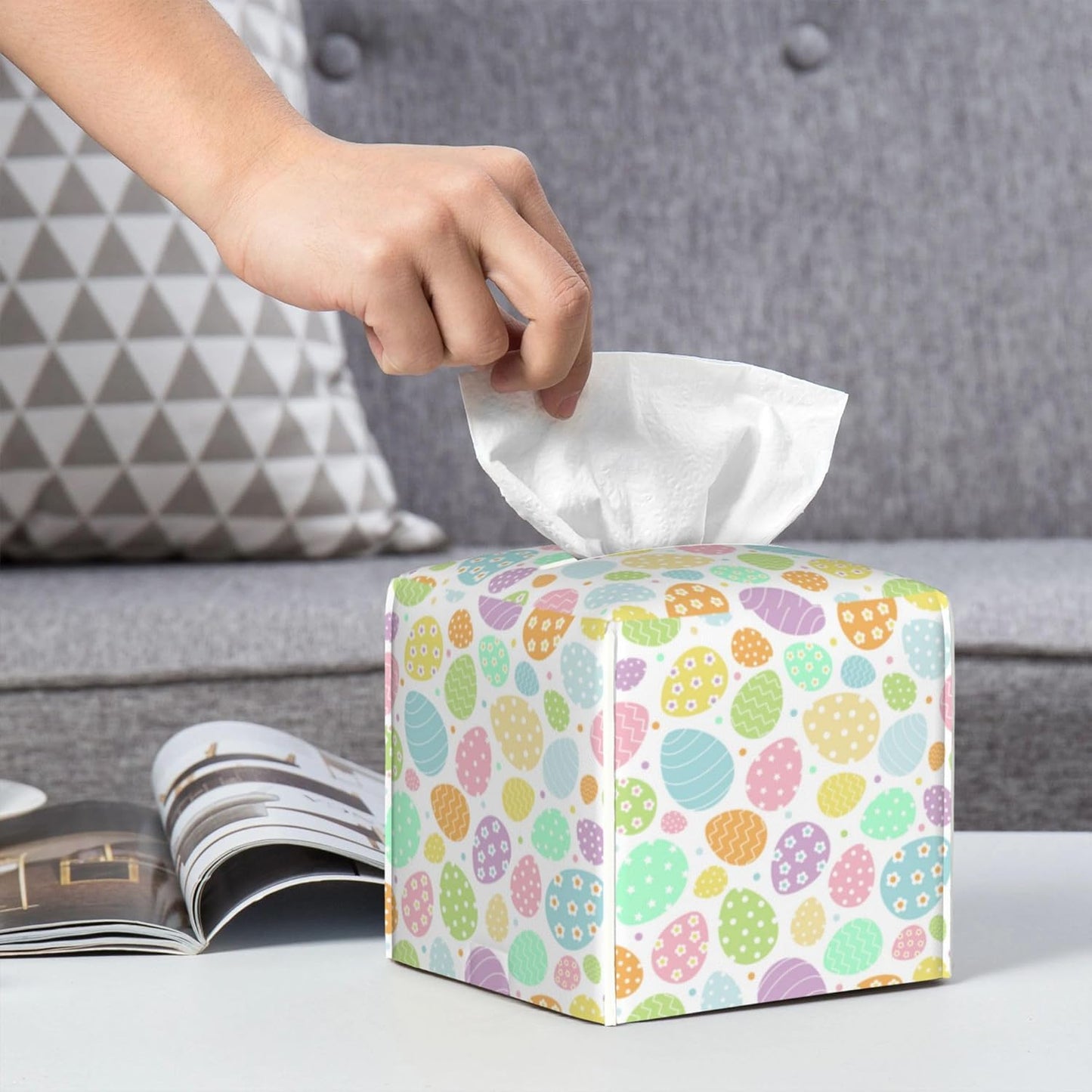 Tissue Box Cover Holder, Colored Easter Eggs PU Leather Square Tissue Box Cover Decorative Organizer for Bathroom Kitchen Bedroom Vanity Countertop Night Stands
