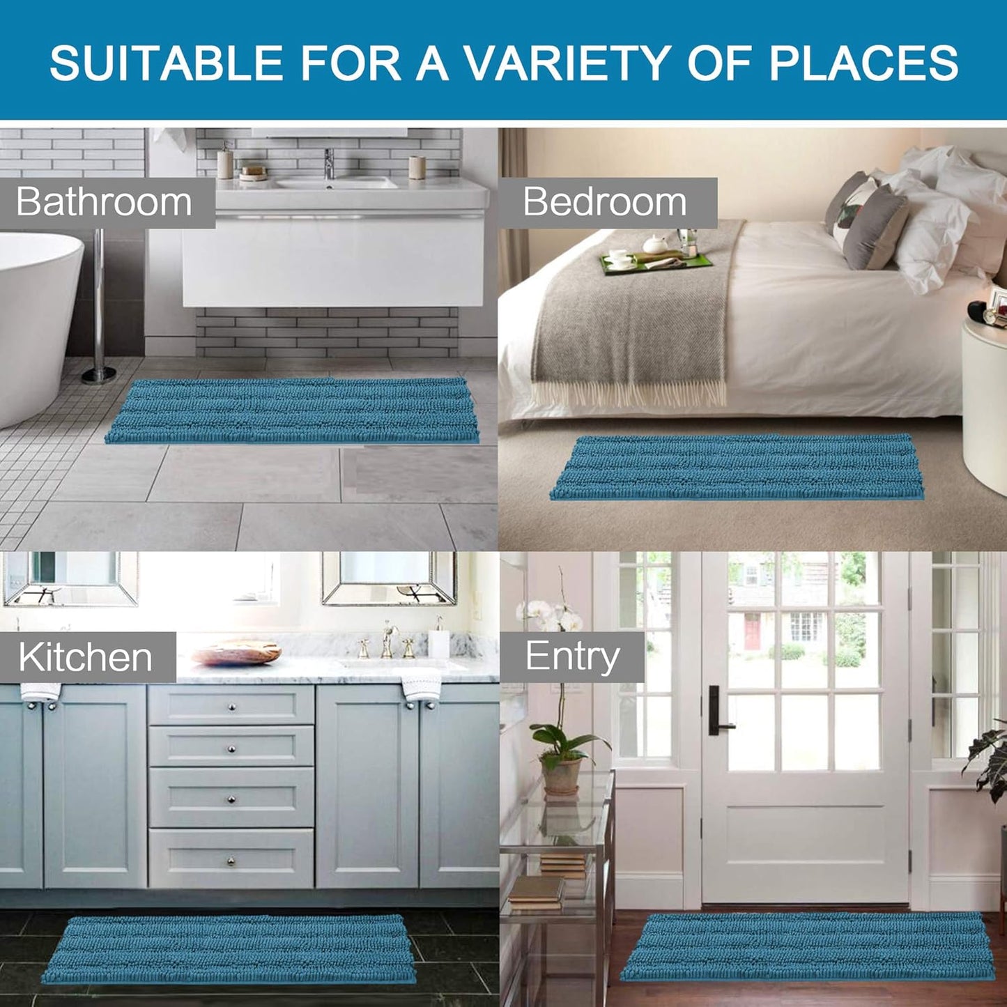 H.VERSAILTEX Bathroom Rugs Bath Rug Set 2 Piece Bathroom Contour Rug Toilet Mat Sets Non Slip Contour Bath Rug Ultra Thick Water Absorbent Striped Bath Mats(47" x 17" Plus 20" x 20" U, Turquoise Blue)