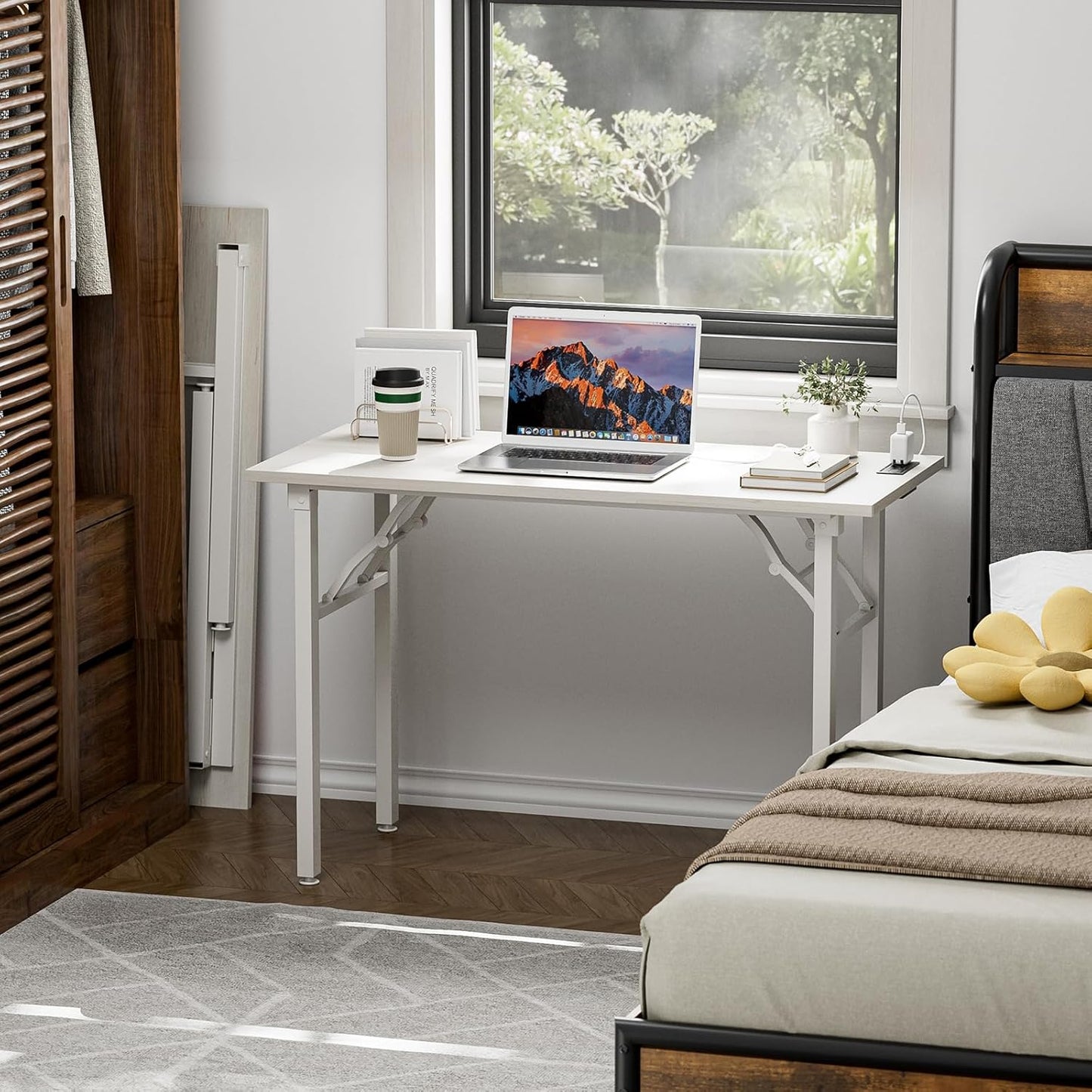 TEMI Small Computer Desk Folding Table - No Assembly, Compact 43.3" Foldable Desk with Power Outlets & USB Charging Port, Portable Small Office Desk, Ideal Mini Study Table for Narrow Spaces,White Ash