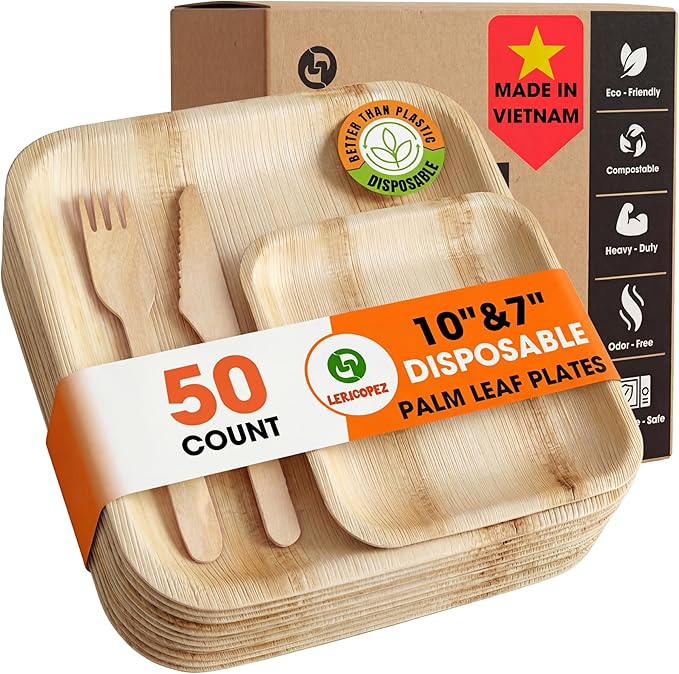 Palm Leaf Plates 10 Inch & 7 Inch – 50 Pack Palm Plates with 50 Wooden Forks & 50 Knives – Bamboo Plates Disposable and Bamboo Dinner Plates for Parties, Holidays, Christmas & New Year