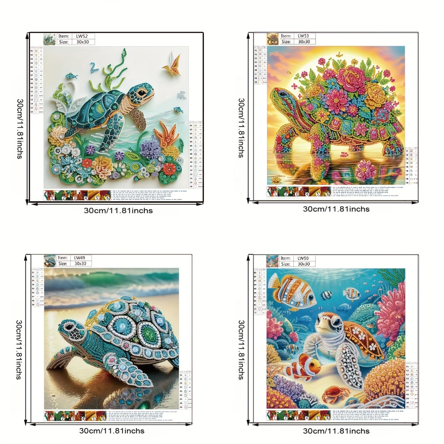 KUFWKEY 4 Pack Sea Turtle Diamond Art Kits for Adults,5d Diamond Painting Kits for Beginner,Crystal Rhinestones DIY Handicrafts,Diamond Mosaic Gem Art,Special Shape Diamond Art,11.81X11.81 inchs