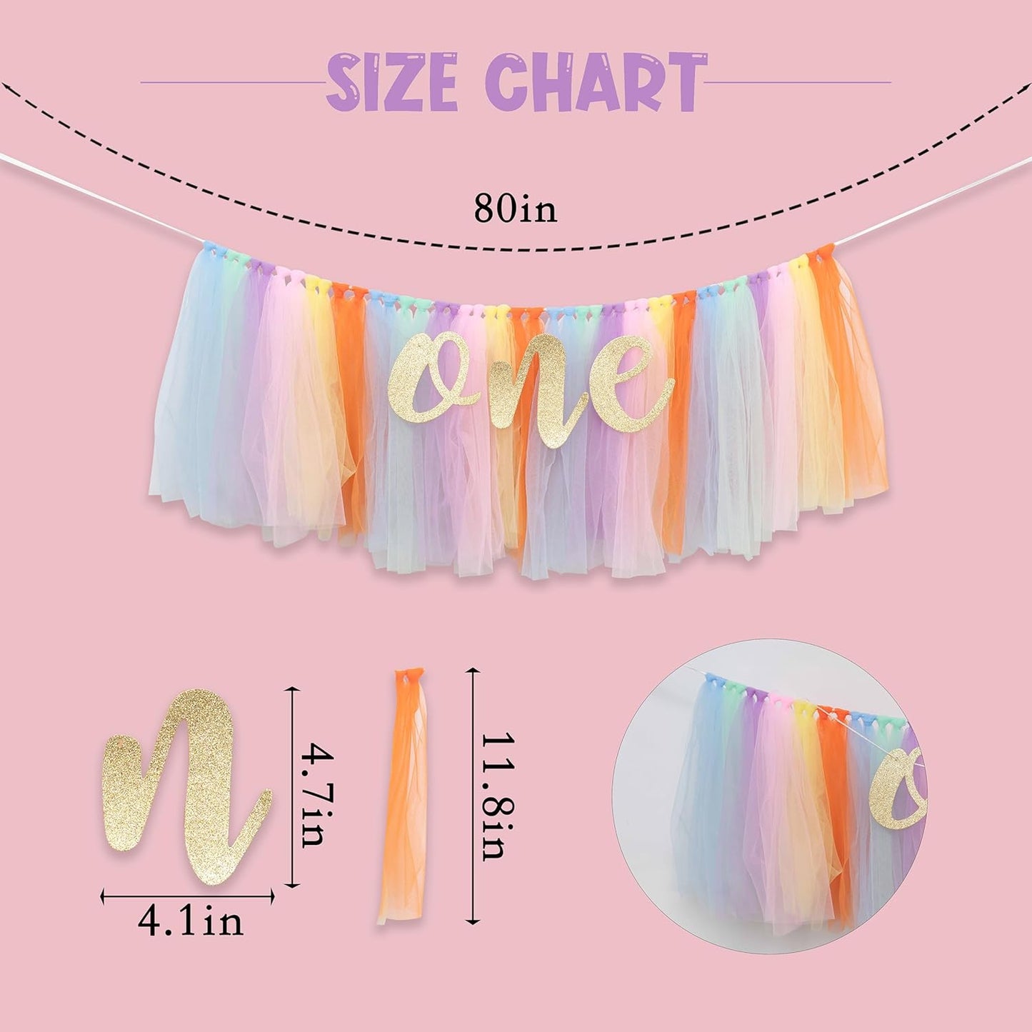 Rainbow High Chair Banner for 1st Birthday - Unicorn Theme Party Decoration with Tulle Tutu, Adjustable 'One' Pennant, 80in Ribbon - Baby Shower, Birthday, Thanksgiving