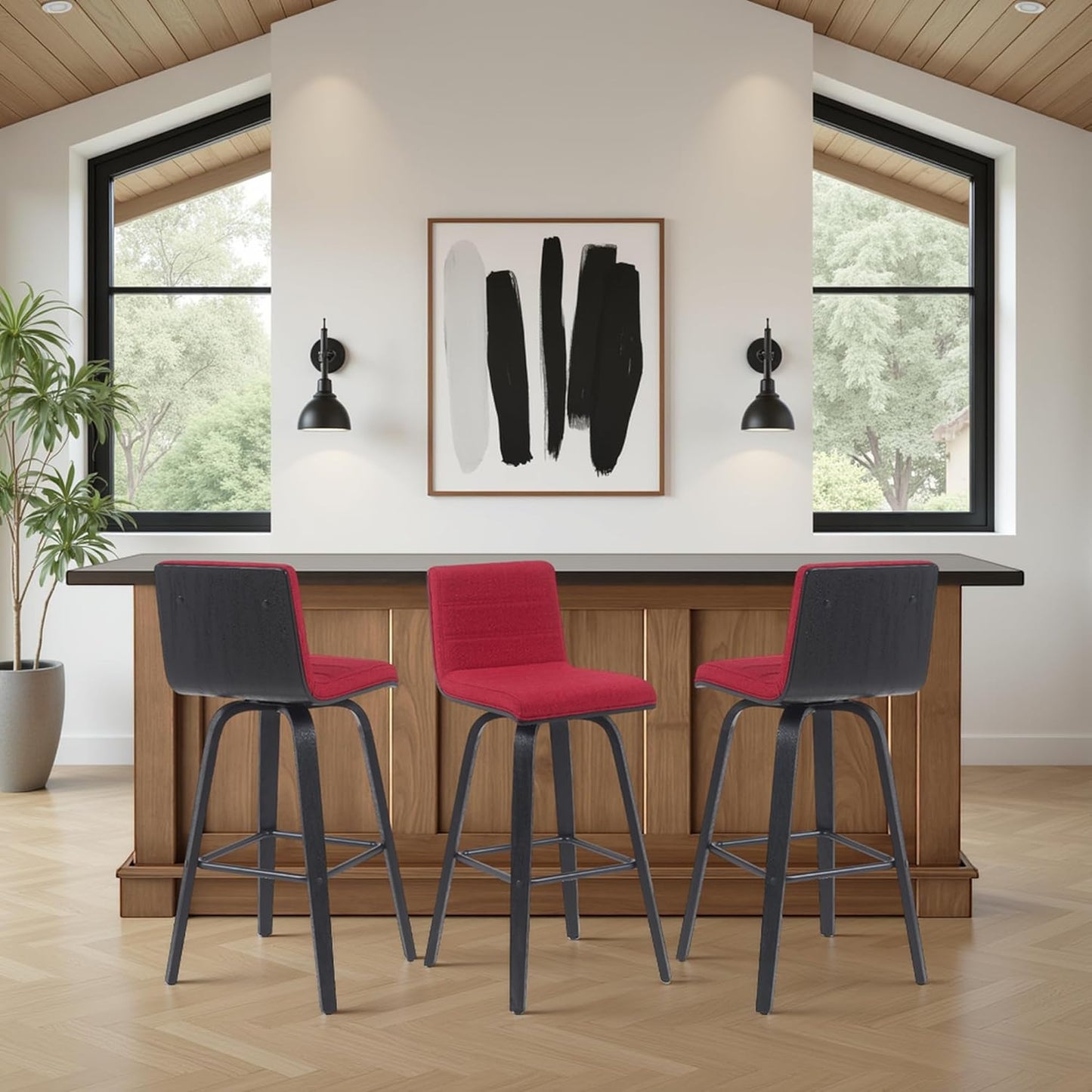 Vienna Modern Swivel Bar Height Stool with Red Upholstered Seat and Brushed Wood Frame Set of 4