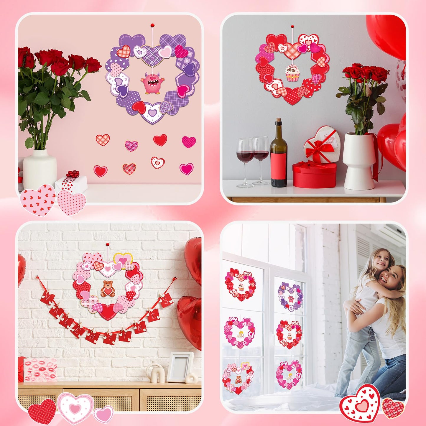 Lonfliness 24 Sets Valentines Wreath Craft for Kids DlY Hanging Decor Valentine's Day Heart Paper Wreath Craft Ornament with Heart Stickers Valentines Party Supplies for School Classroom Activities