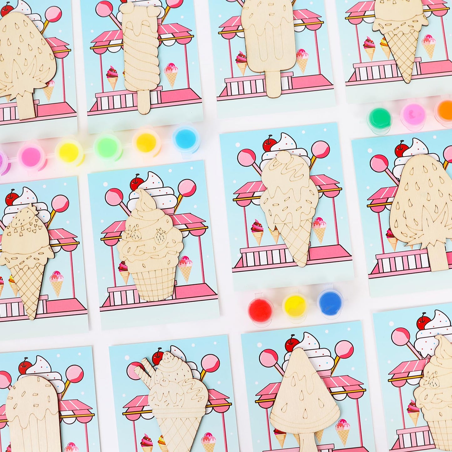 LARDUX 24pcs Ice Cream Party Favors Wood Painting Crafts - 8 Styles Ice Cream Shape Unfinished Woodchips Cutouts Craft Kits with Glow in The Dark Paint DIY Party Favors Birthday Party Decorations