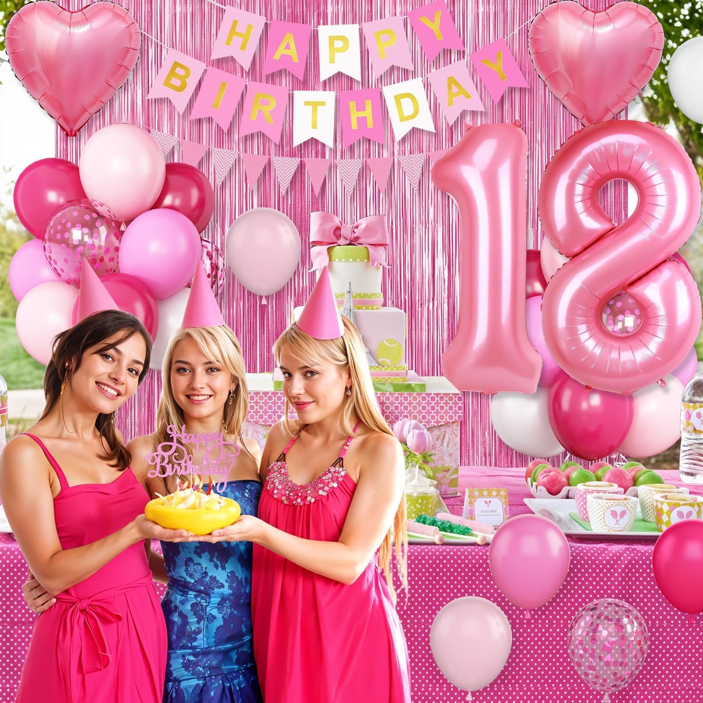 18th Birthday Decorations for Girls,Hot Pink 18th Birthday Balloons with Happy Birthday Banner Fringe Curtain Heart Foil Balloons for 18 Year Old Birthday Decor
