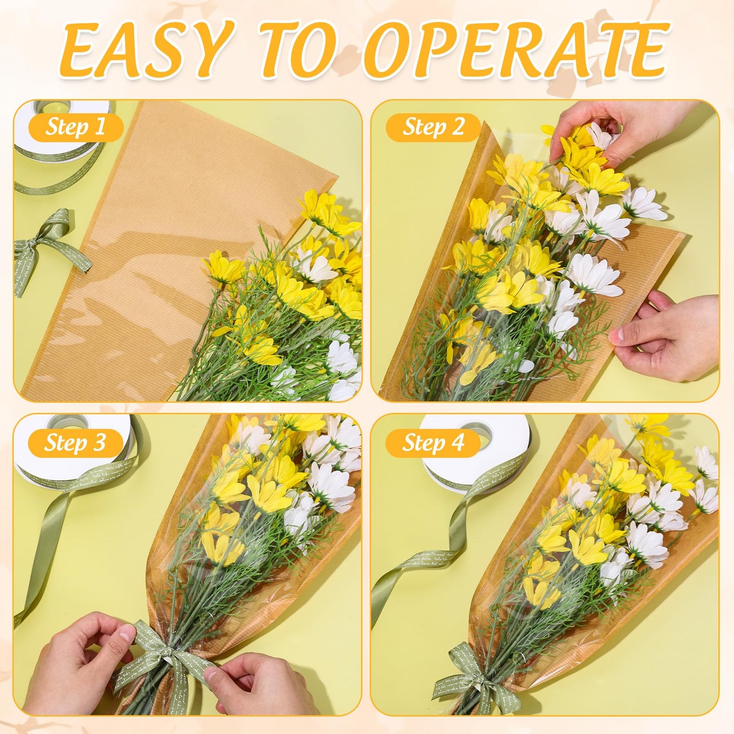 Whaline 50 Pcs Flower Wrapping Bags with Sage Green Ribbon Mother's Day Clear Floral Bouquet Cellophane Sleeves Brown Florist Packaging Supplies for Wedding Graduation Anniversary, 17.9x9.8x3.9 Inch