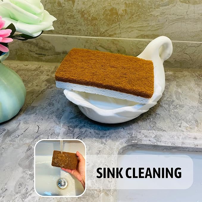 12 PCS Kitchen Sponges for Cleaning, Scrub Sponges for Dishes with Non-Scratch Scourer Pad, Natural Wood Cellulose & Coconut Fiber, for Nonstick Pans, Pots, Cups (2-in-1 Design)