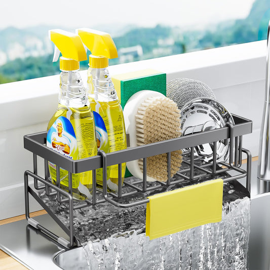 BREIS Kitchen Sink Caddy Organizer with Rag Holder,Self-Draining Sponge Holder for Countertop Soap Dispenser Organizers and Storage Essentials,Kitchen Decor and Accessories