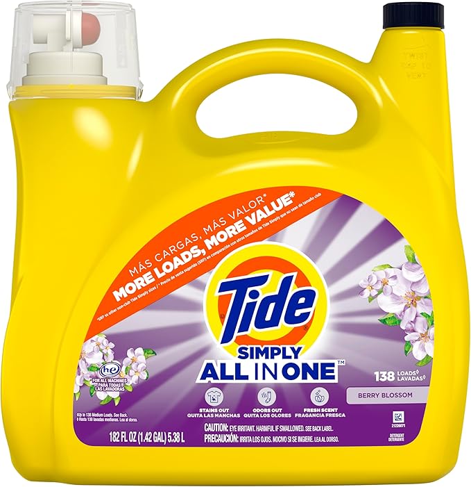 Tide Simply All-In-One Liquid Laundry Detergent, Berry Blossom Scent, 138 Loads, 182 fl oz