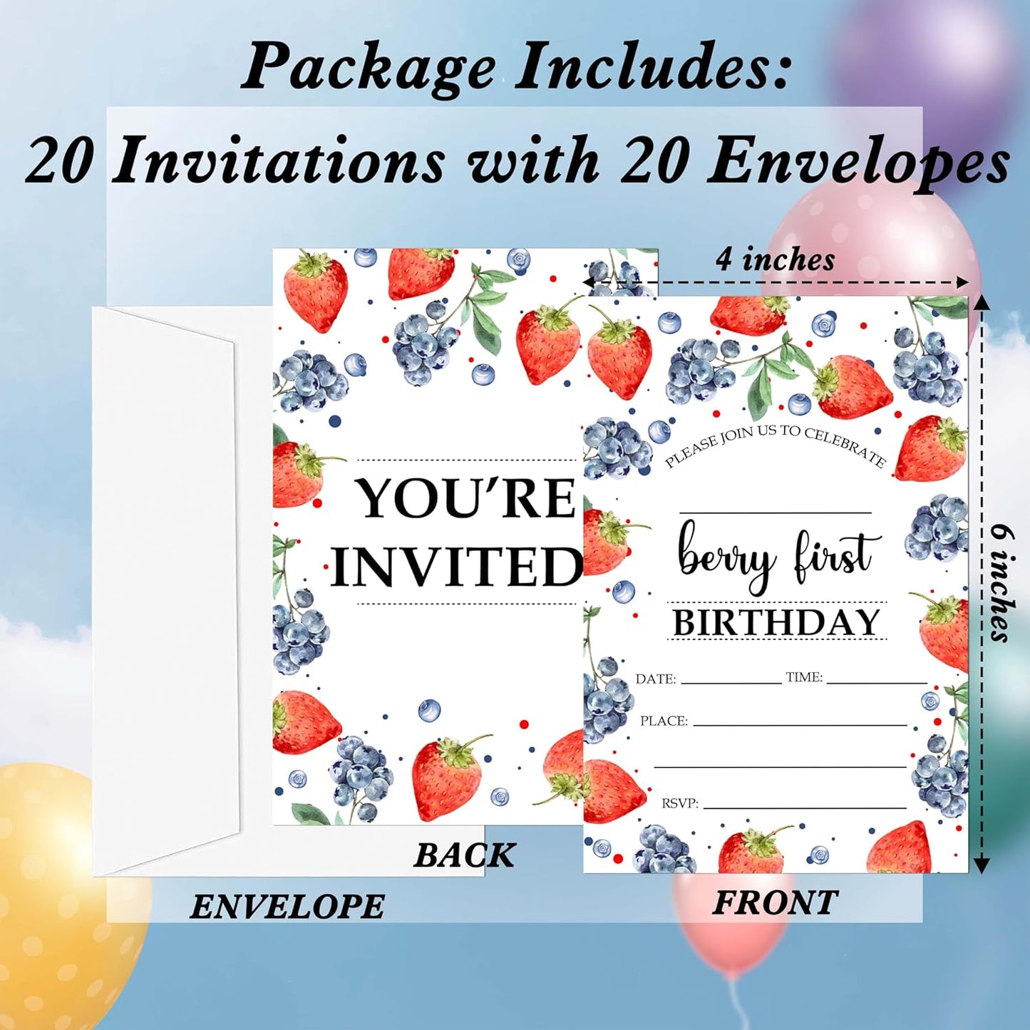 Berry First Birthday Invitations, 20 Invitation Cards with Envelopes, Strawberry Blueberry Invites for Party Decorations Favor Supplies - A05