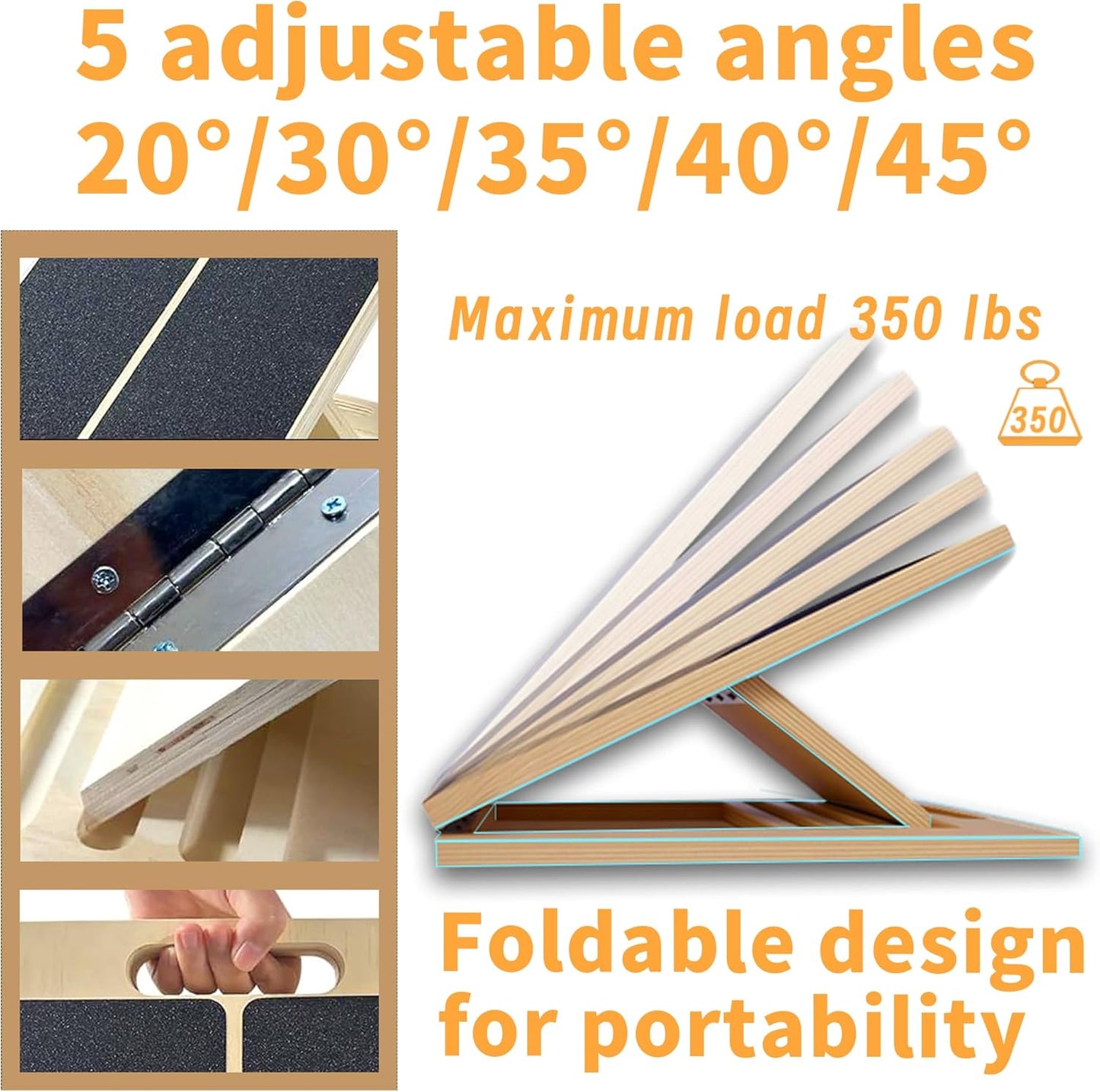Adjustable 16.5"×12" Wooden Slant Board – 5-Angle Foldable Calf Stretcher & Squat Wedge for Home-Gym, Portable Incline Board, 350 lb Rated