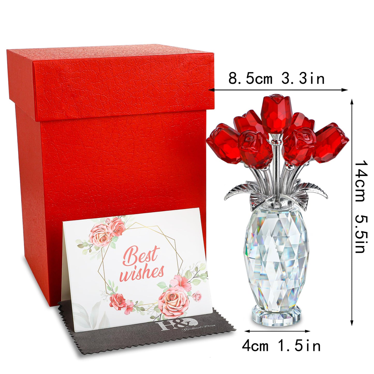 H&D HYALINE & DORA Crystal Rose Flower Figurine,Glass Flower Bouquet Ornament,Glass Rose Gift for Christmas Mother's Day Valentine's Wedding Party