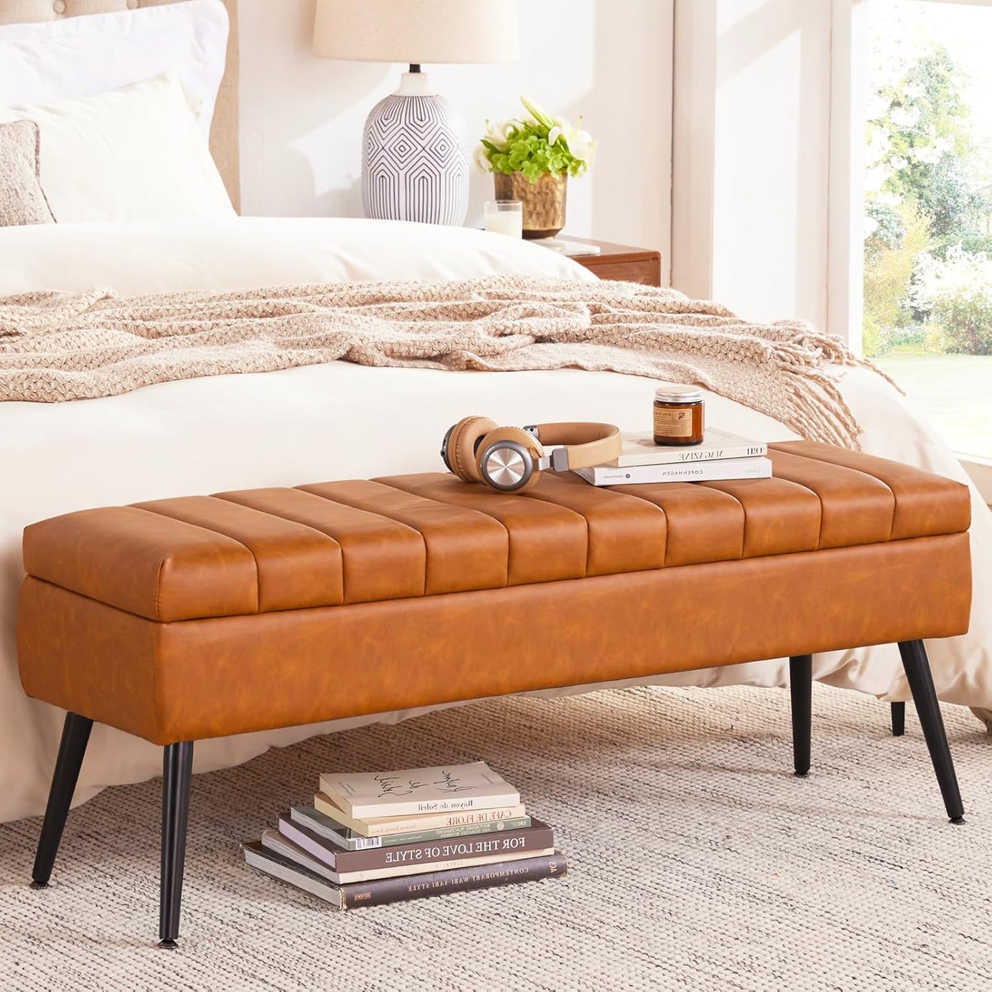 CUYOCA Storage Ottoman Bench, 43.5" Faux Leather Upholstered Entryway Bench, Long Ottoman with Storage for Living Room, Support 660lbs - Cognac Brown