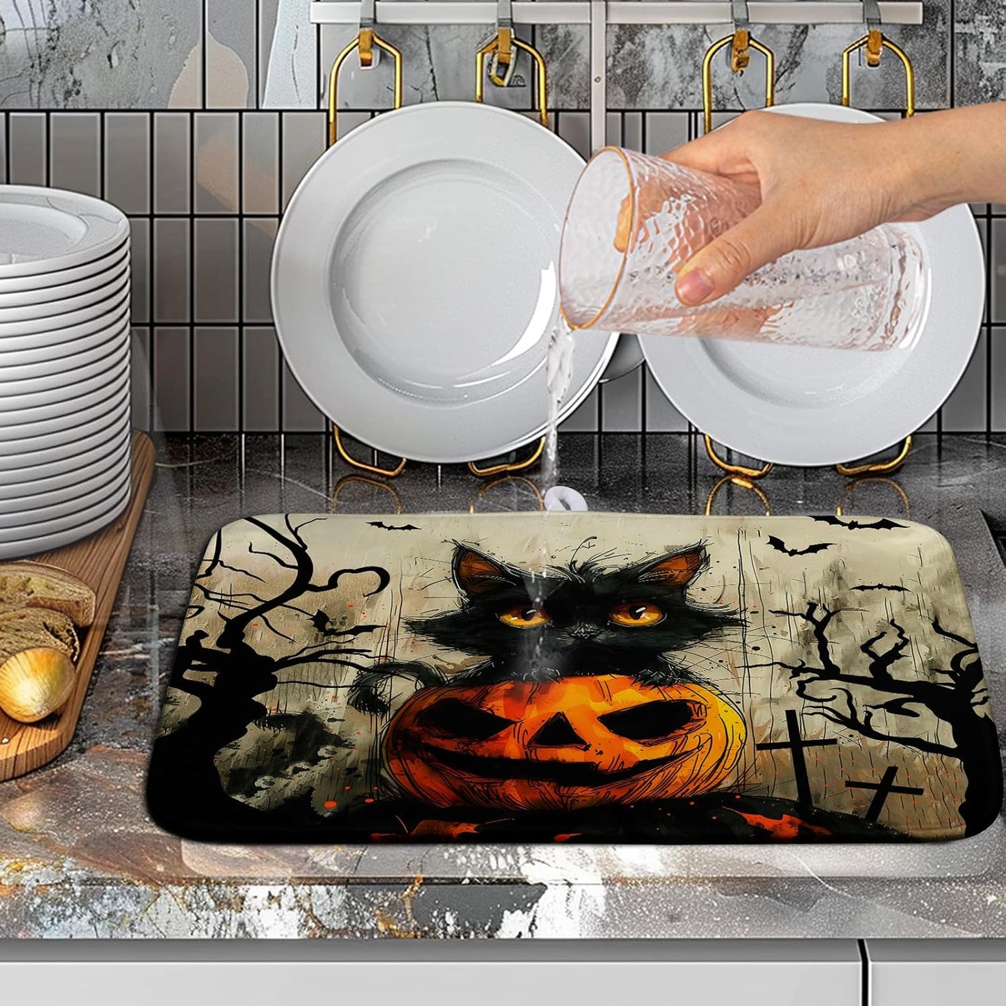 Black Cat Halloween Kitchen Dishes Drying Mat 16x18 Inch Halloween Fall Pumpkin Bat Dish Drying Mats for Kitchen Counter Absorbent Microfiber Dish Rack Mat Drainer Pad for Coffee Bar Sinks