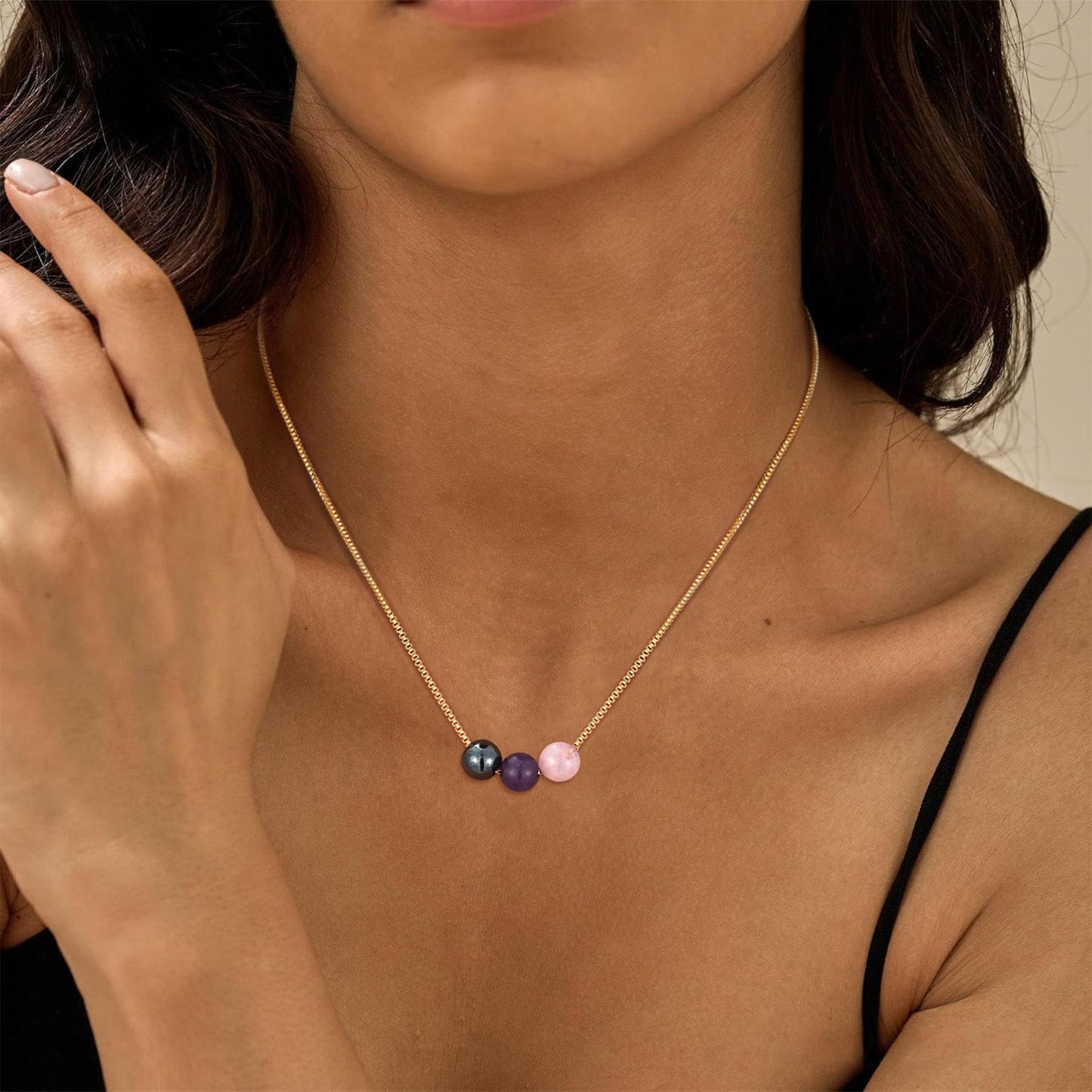 Suarlly Healing Crystal Necklace for Women 14k Plated Gold Beaded Necklace Anxiety Relief Triple Protection Amethyst Gifts for Friends Sister Mom Daughter Jewelry