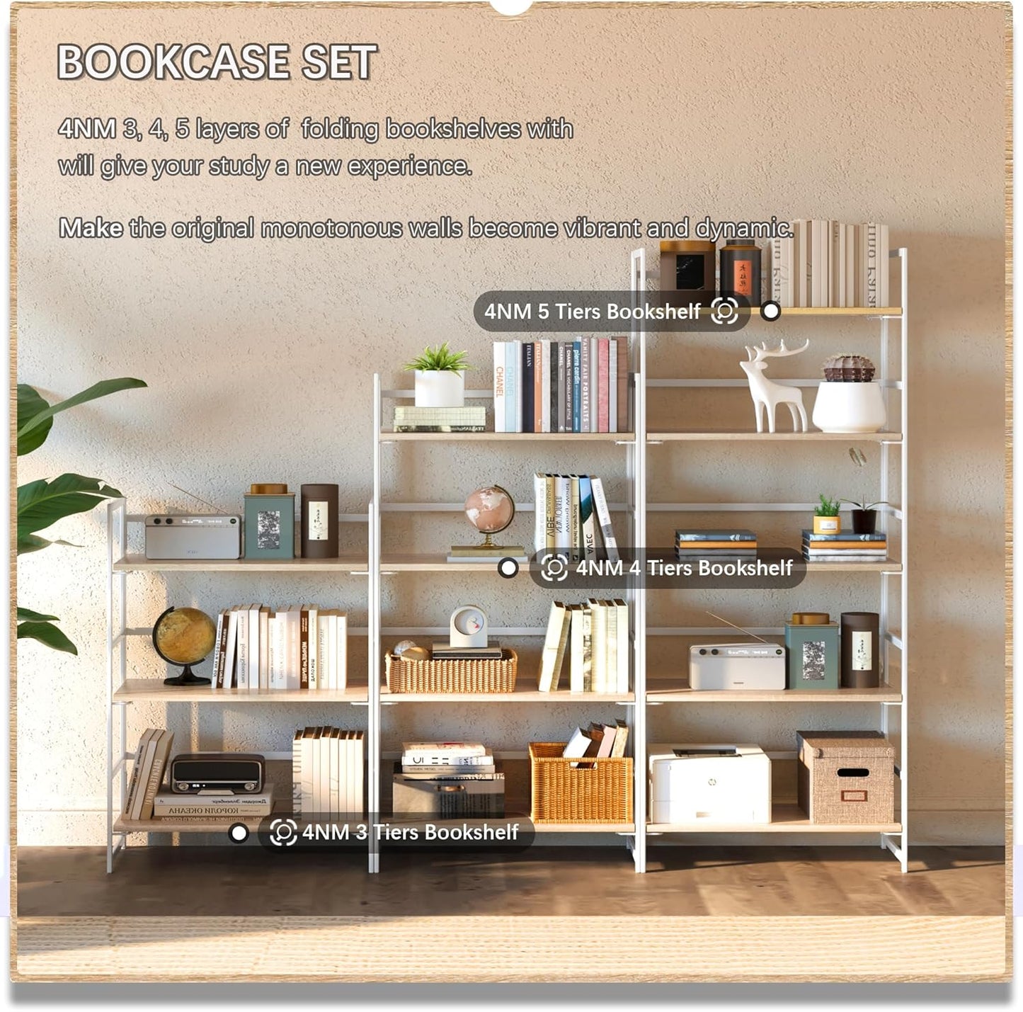 4NM No Assembly 4 Tiers Book Shelves, White Folding Bookshelf Bookcase Open Industrial Foldable Shelves for Bedroom, Living Room, Home Office - Natural White