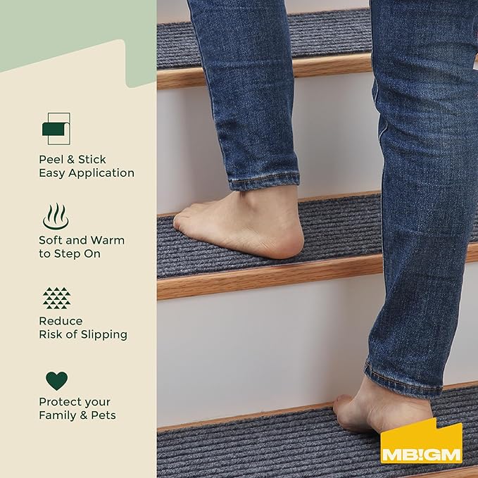 MBIGM 8" X 30" (7 in Pack) Non-Slip Carpet Stair Treads Non-Skid Safety Rug Slip Resistant Indoor Runner for Kids Elders and Pets with Reusable Adhesive - Gray