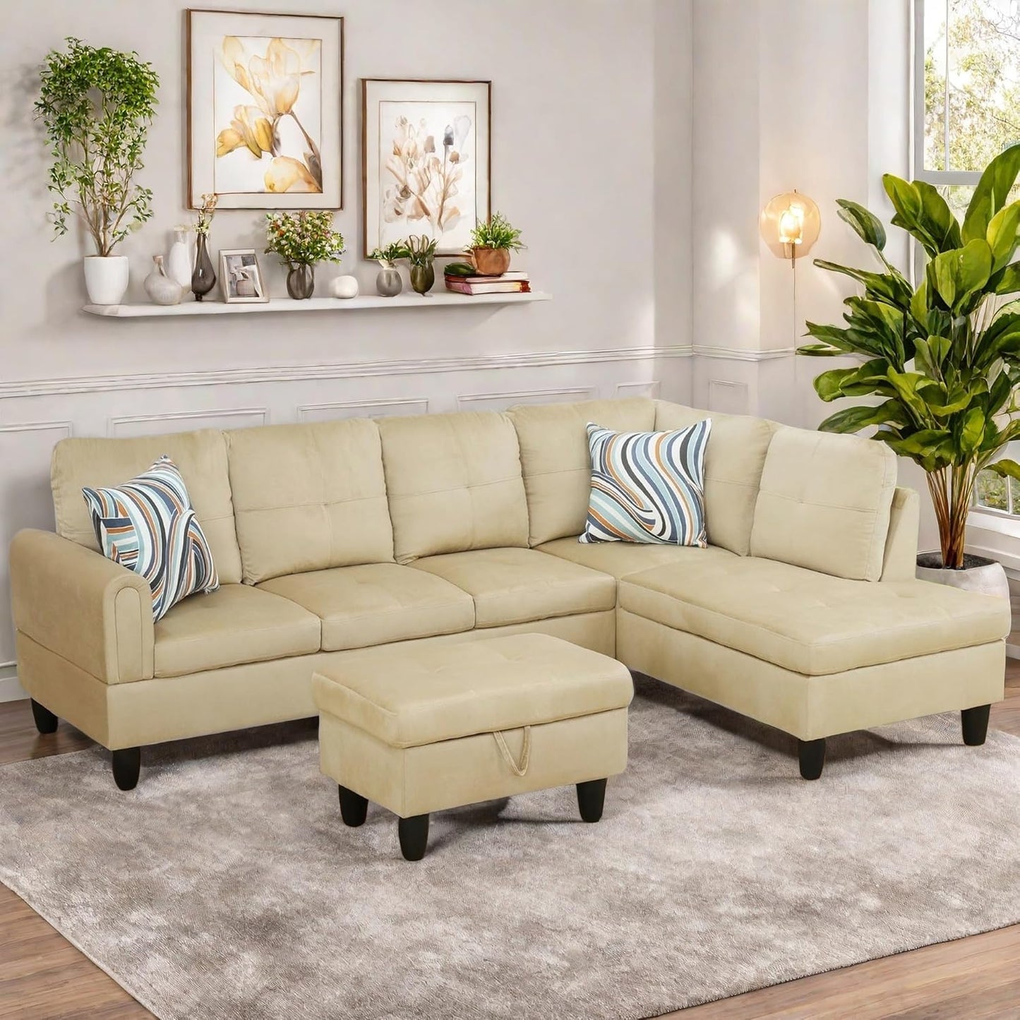 Sectional Couch with Otttoman, 97" L Shaped Couch Sectional Sofa for Living Room, Modern Modular Couches with Cup Holders for Bedroom, Apartments, Beige