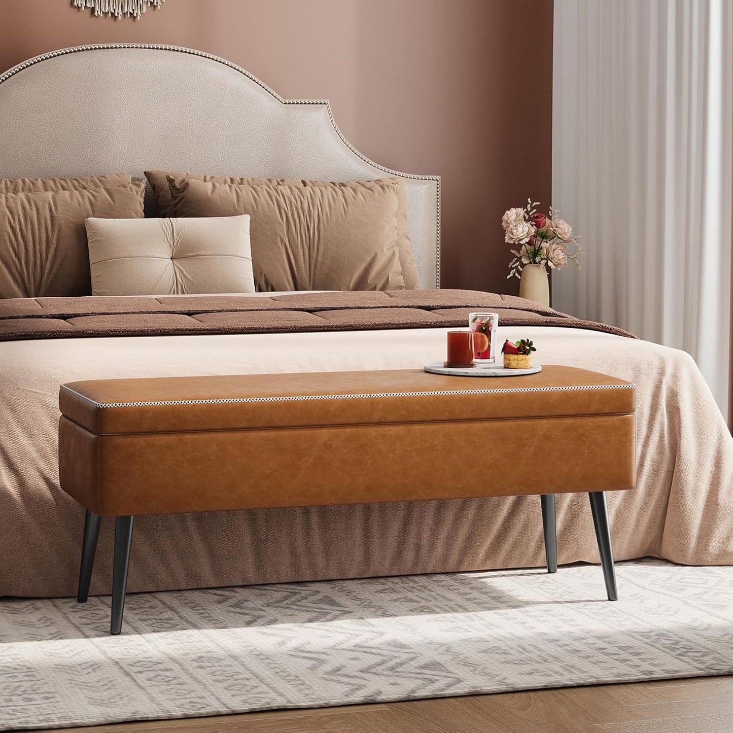 GarveeHome Storage Ottoman Bench, Mid-Century Modern Entryway Bedroom Bench, Synthetic Leather with Stitching, Safety Hinges, Loads 680 Lb, Brown