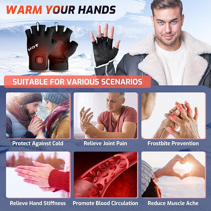 Heated Gloves for Men Women- Rechargeable Electric Full&Half Hands Heated Gloves Outdoor Work Arthritis Pain Relief Hot Compress Hand Warmers for Cycling Skiing Hunting