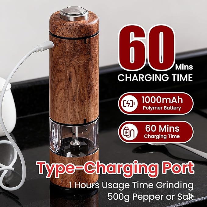 Rechargeable Electric Salt and Pepper Grinder Set – Automatic Salt and Pepper Shakers with Wood Base, Adjustable Coarseness, LED Light, One-Hand Operation Salt and Pepper Shakers Set