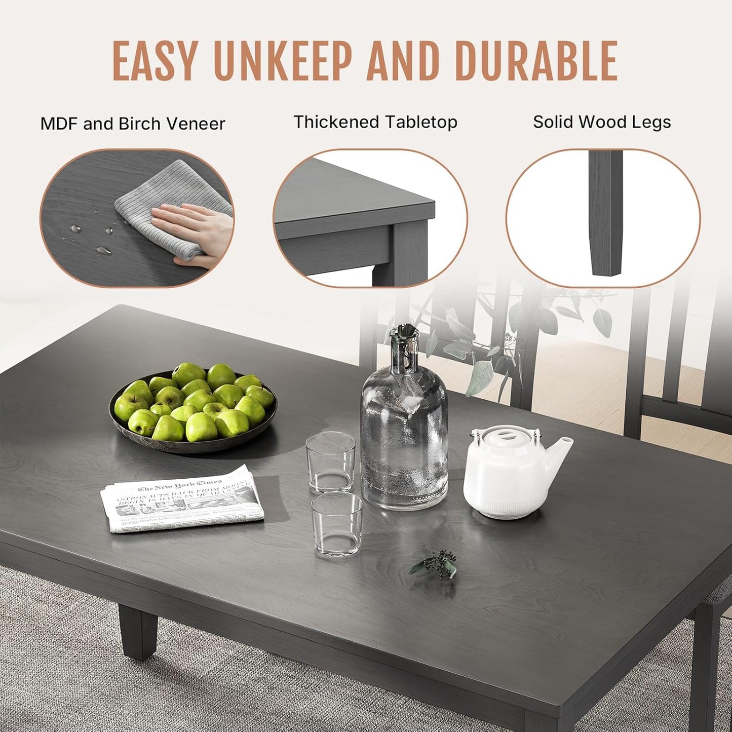 6-Piece Wooden Dining Table Set, Dining Table Set for 6, Including 1 Dining Table, 4 Upholstered Chairs and 1 Bench, Wooden Legs Dining Table, Table Set for Dining Room & Kitchen, Grey
