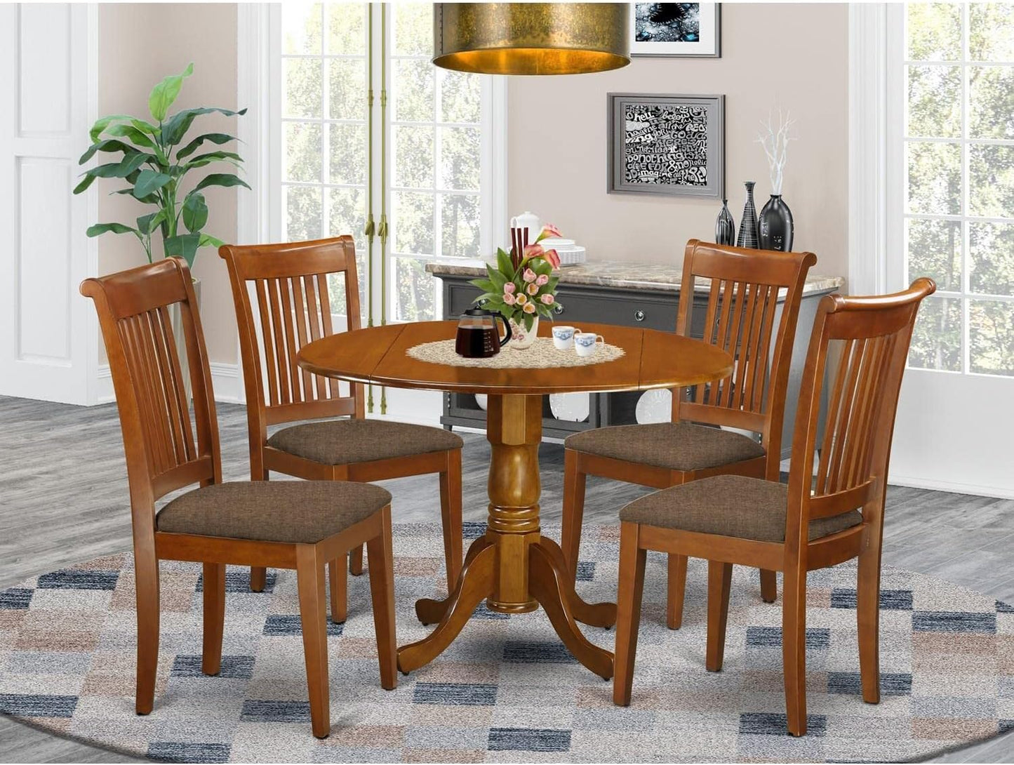 East West Furniture DLPO5-SBR-C 5 Piece Dinette Set for 4 Includes a Round Dining Room Table with Dropleaf and 4 Linen Fabric Upholstered Dining Chairs, 42x42 Inch, Saddle Brown