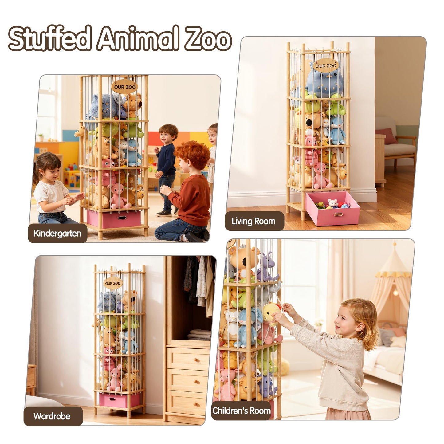 Brelley Stuffed Animal Storage Zoo Wood Toy Storage Organizer with Drawer, Large Toy Chest Stuffed animal holder for Kids Nursery Playroom Bedroom