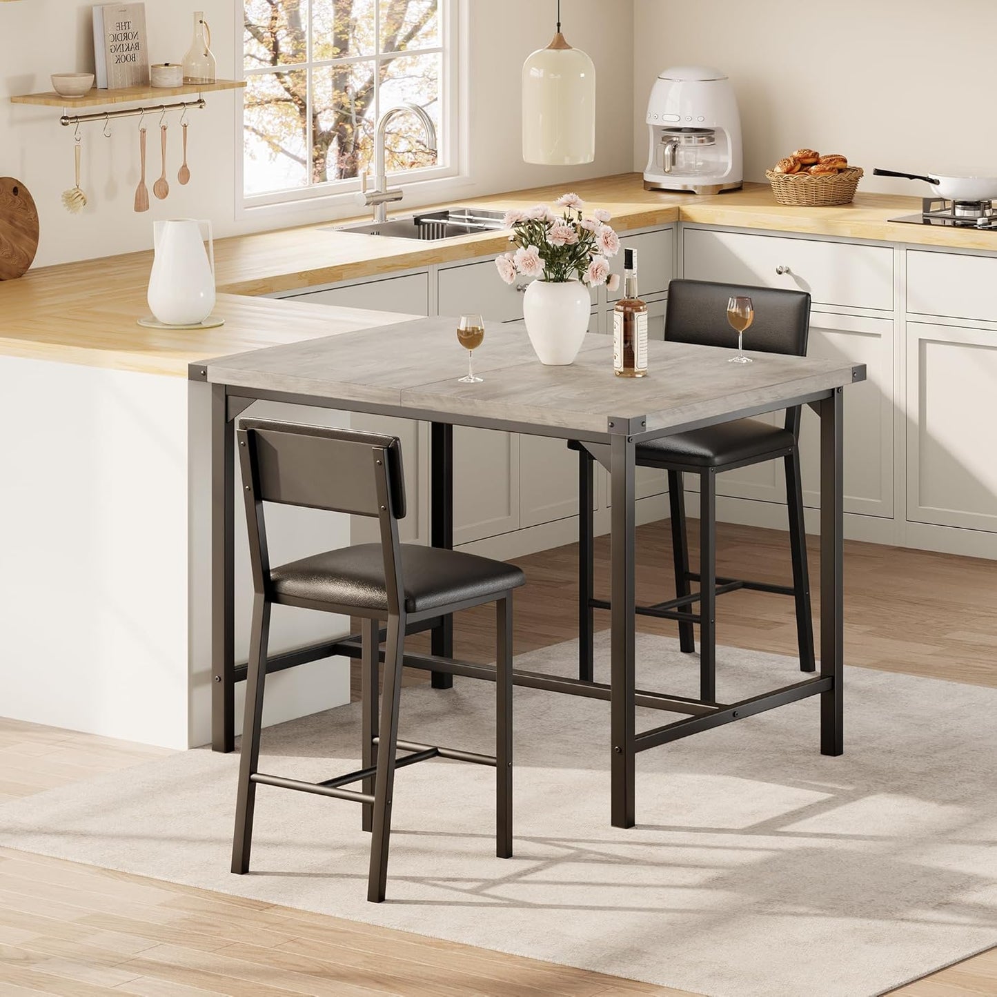 IDEALHOUSE Dining Table Set for 2 w/Counter Height Table & 2 Upholstered Bar Stools, 3-Piece Kitchen Table Set with Footrest & Corner Protector, for Kitchen Room, Apartment, Pub