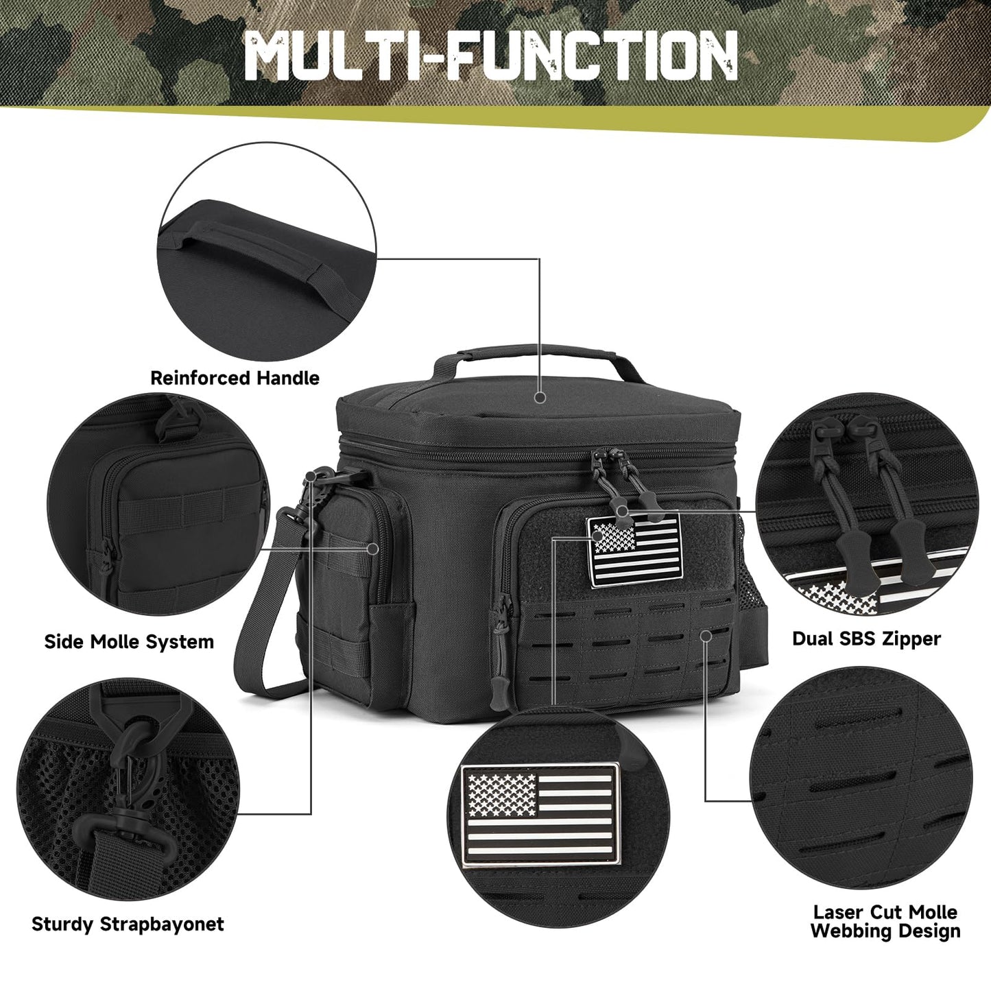 QT&QY Tactical Lunch Bag for mens Military heavy duty lunch box work Leakproof insulated Durable Thermal Cooler Bag for Adult Meal for Office Camping Picnic Pail MOLLE Webbing Black