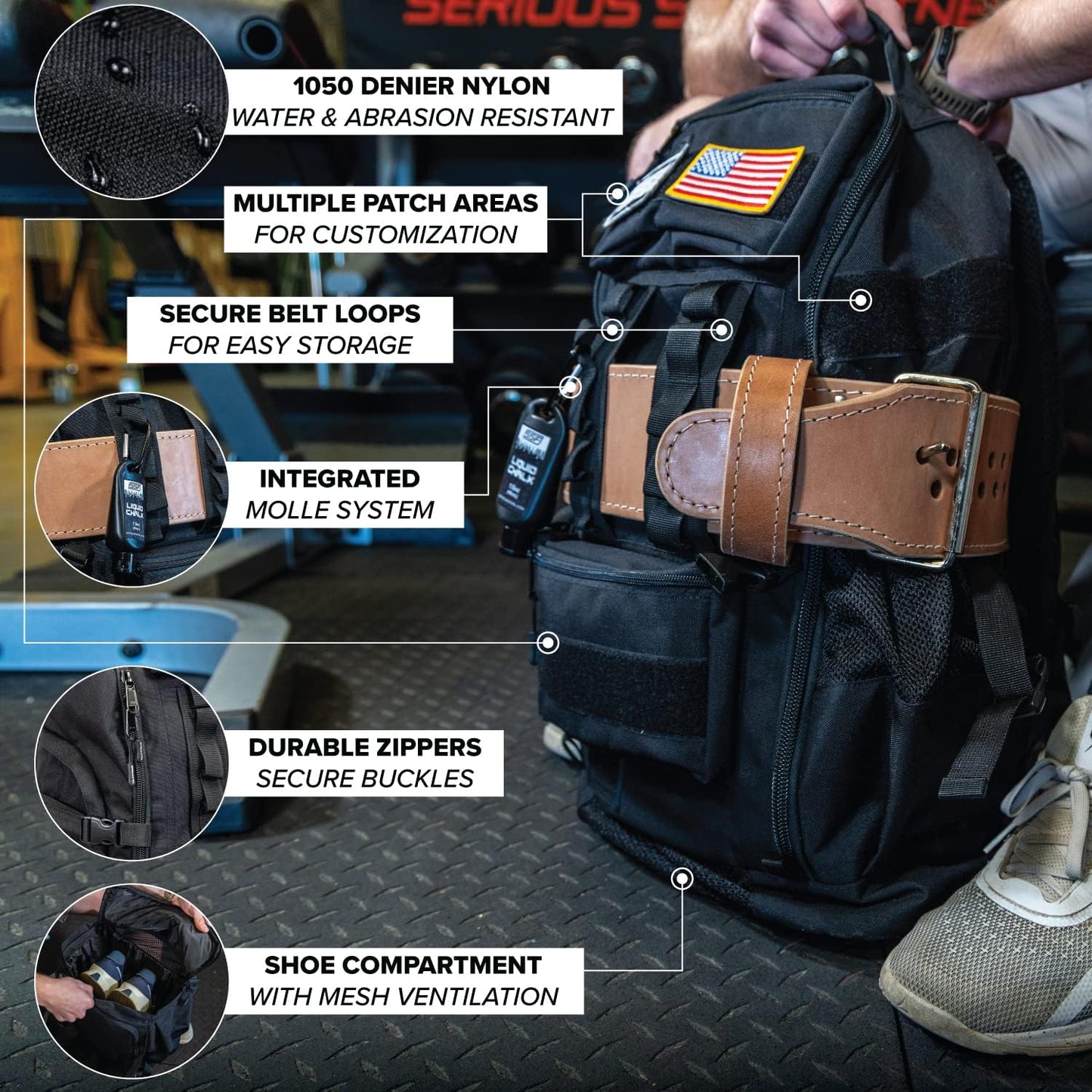 SERIOUS STEEL FITNESS Tactical Backpack and Gym Bag 1000D Nylon Black