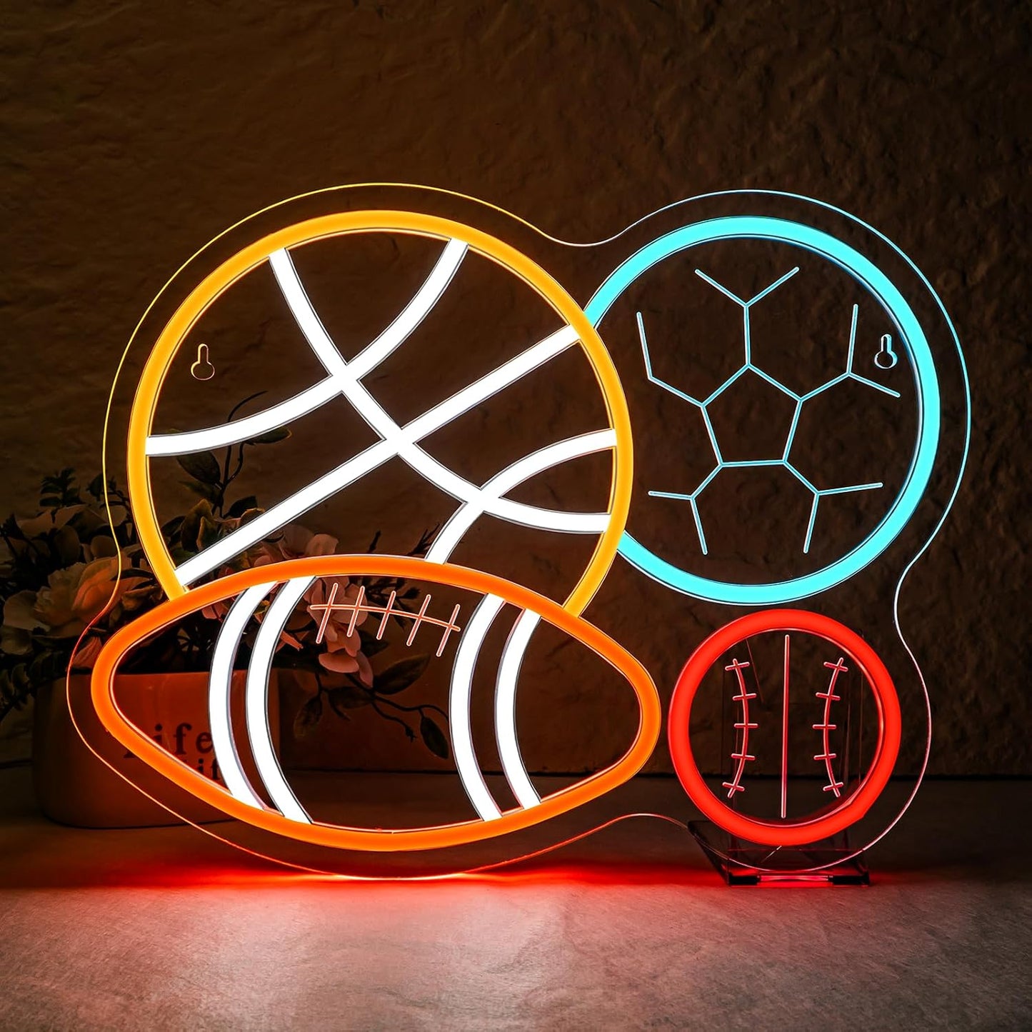 NOSUN 4 Ball Sport Combination Neon Sign for Boy's Bedroom Man Cave Football Soccer Basketball Baseball Neon Light Wall Decor Sports Themed LED Neon Signs Happy Era Home College Club Playroom Birthday Party Decor