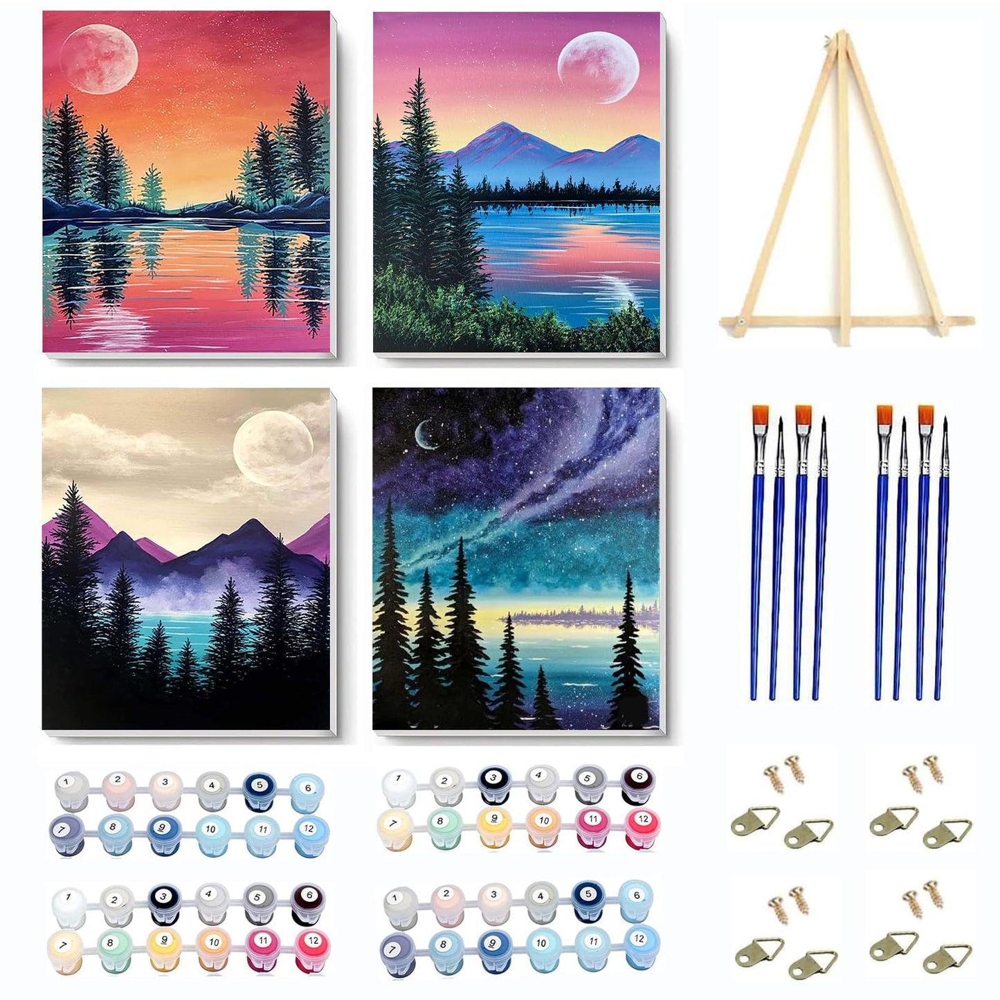 VIGEGU 4 Pack Paint by Numbers Kit for Adults Framed Canvas - with Wooden Easel,Adults' Paint-by-Number Kits Moon Lake Tree Mountain DIY Acrylic Landscape Oil Painting Arts Crafts 7.8x11.8inch
