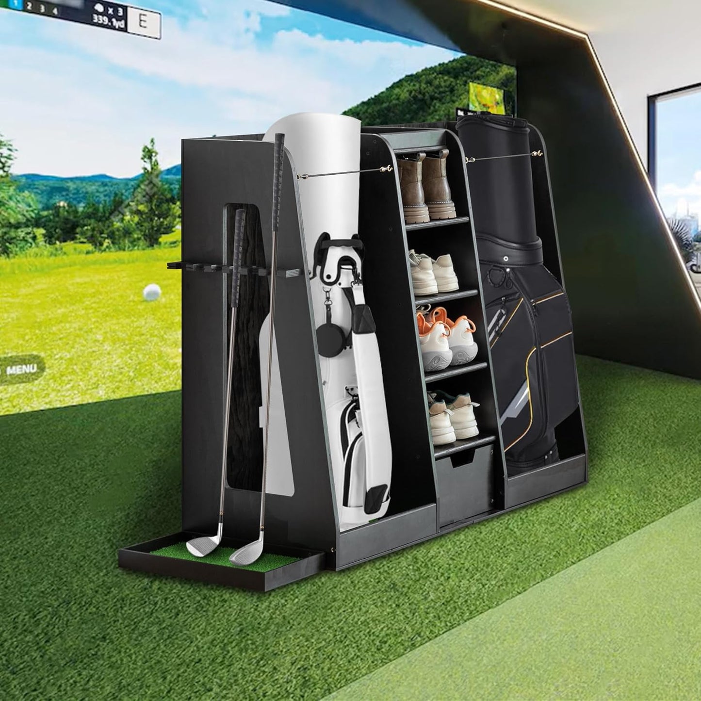 Wooden Golf Bag Organizer and Storage Rack, Wooden 2 Golf Bag Rack with Drawers, Easy to Assemble Golf Club Holder/Stand with Club Holders on Side
