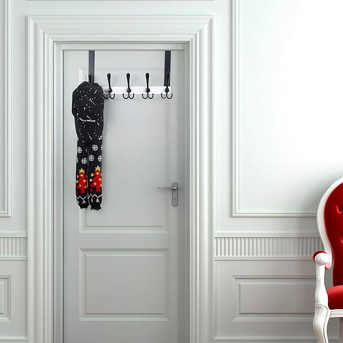 Dseap Over The Door Hook Hanger - 5 Tri Hooks, Heavy Duty Over The Door Towel Rack Coat Rack for Clothes Hat Towel, White & Black