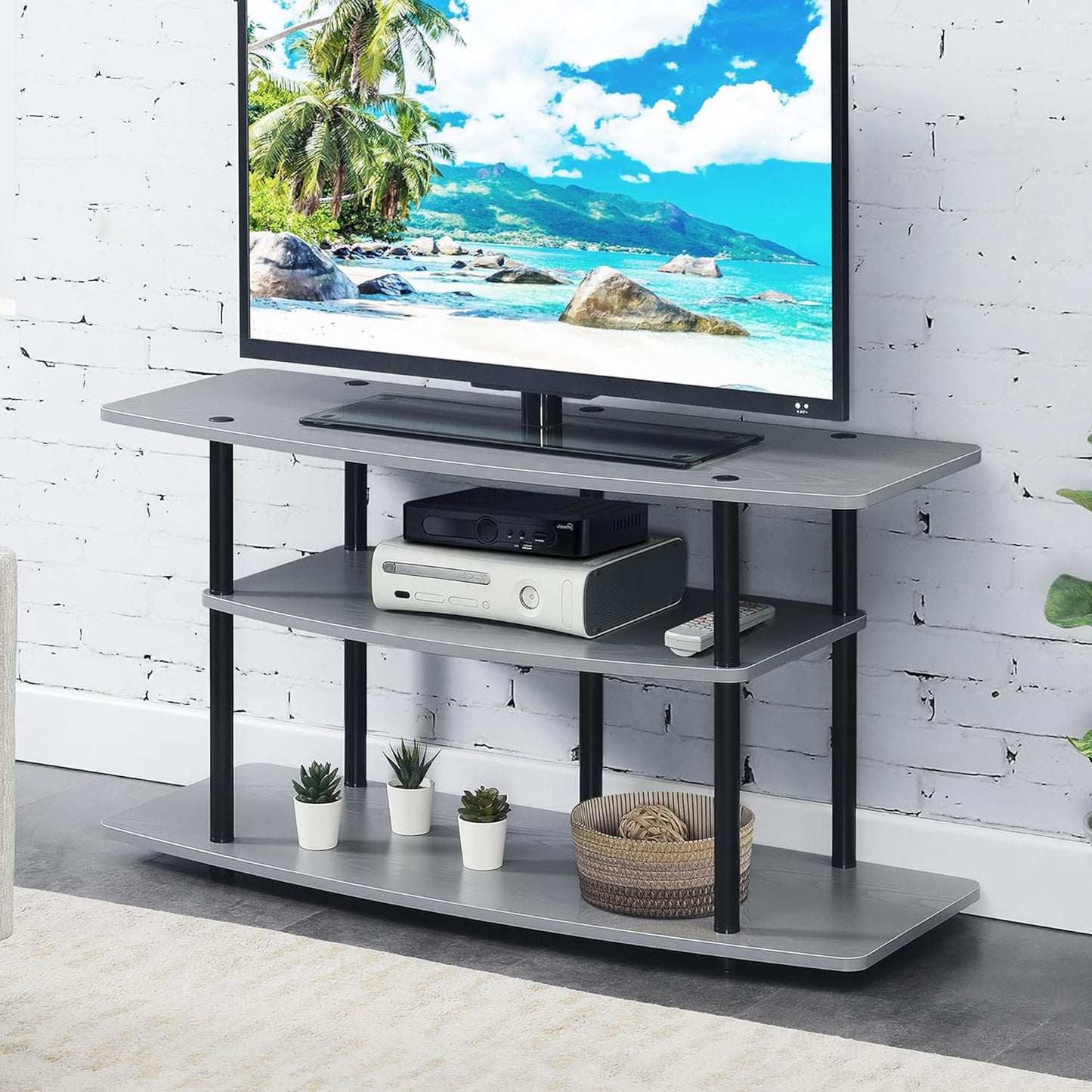 Convenience Concepts Designs2Go No Tools 3-Tier Wide TV Stand 42" - Entertainment Center for TVs up to 46 Inches, Modern TV Mount with Shelves for Living Room, Gray/Black