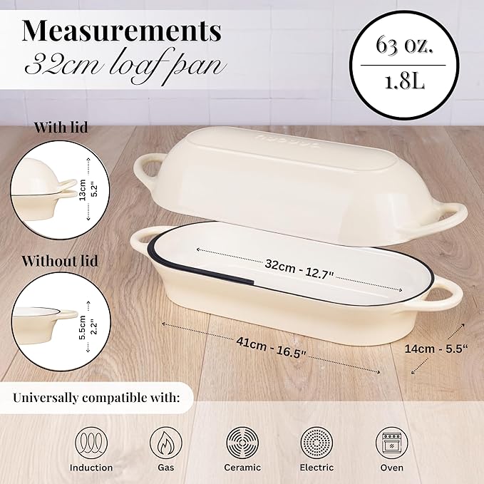 Enamelled Cast Iron Bread Loaf Pot – Dutch Oven For Sourdough Bread Baking – Oven Safe Non Stick Bread Pot – Rectangular, Cream, 34cm x 16cm – by Nuovva