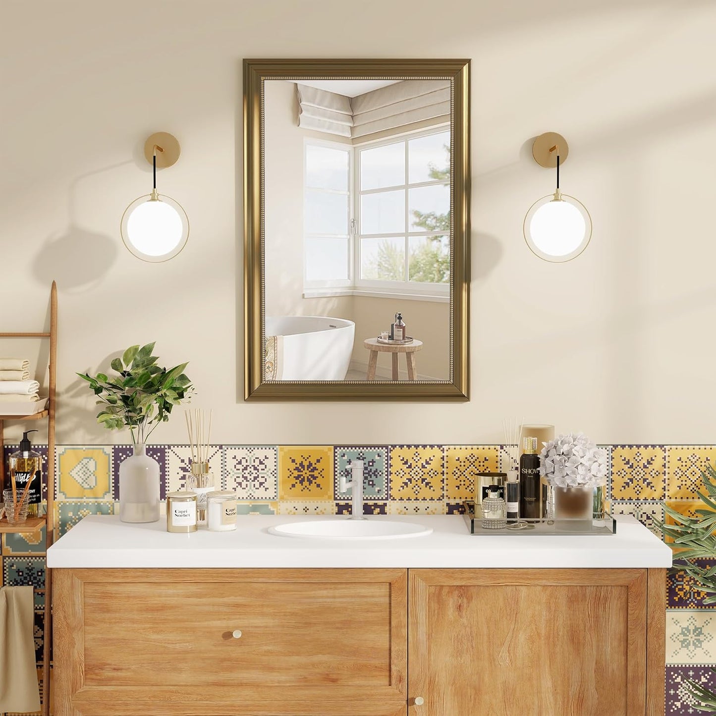 Axeman 28x36 Rectangular Wall Mirror, Decorative Bathroom Mirror, Traditional Vintage Wall Mounted Mirror with Beaded Frame for Accent Living Room Vanity Bedroom Entryway, Gold