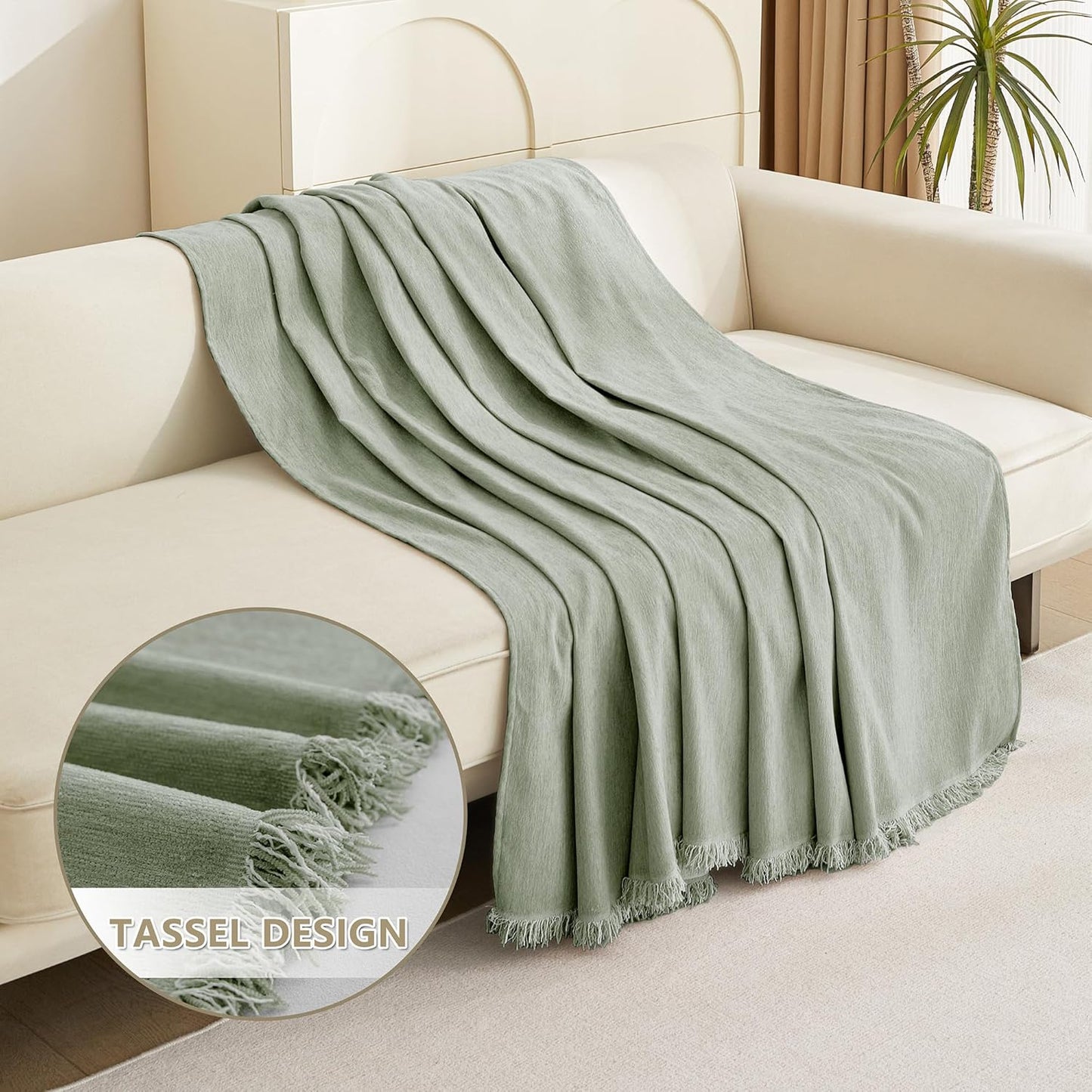 MYSKY HOME Easy Fitted Couch Cover for Dogs - Stain Resistant Sage Sofa Cover for 2 Cushion Loveseat - Multi-Use Sectional Universal Tassel Throw 91"X 118"