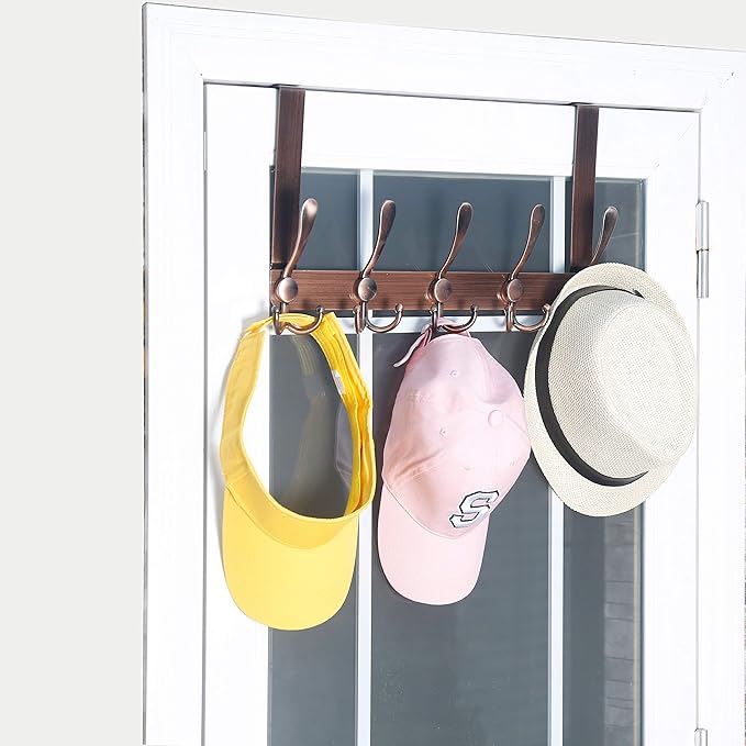 WEBI Over The Door Hook Rack with 5 Tri Hooks for Hanging Coats,Door Hanger Over Door Towel Rack Door Coat Towel Hanger Door Coat Rack,Antique Copper