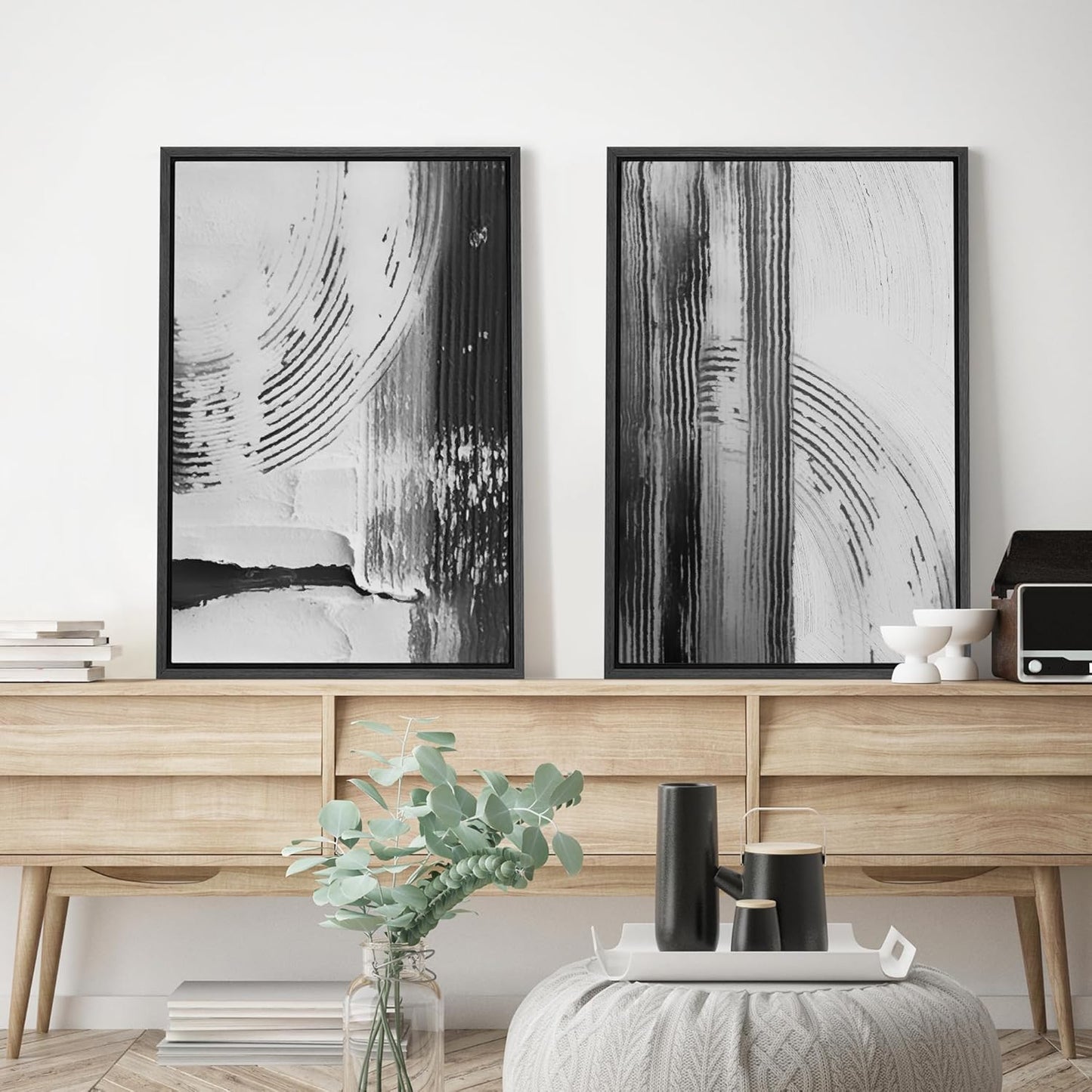 SIGNWIN Framed Canvas Print Wall Art Set Black White Industrial Paint Strokes Abstract Shapes Illustrations Modern Art Minimal Decorative Nordic for Living Room, Bedroom, Office - 16"x24"x2 Black
