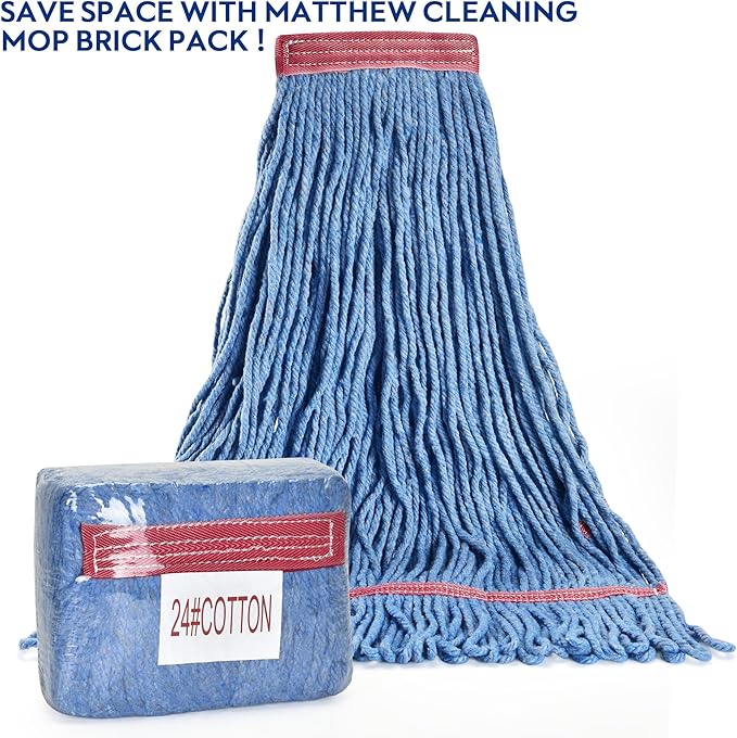 Matthew Cleaning 24oz Heavy Duty Mop Head Commercial Replacement for General and Floor Cleaning, Wet Industrial Blue Cotton Looped End String Head Refill (Pack of 6) Blue