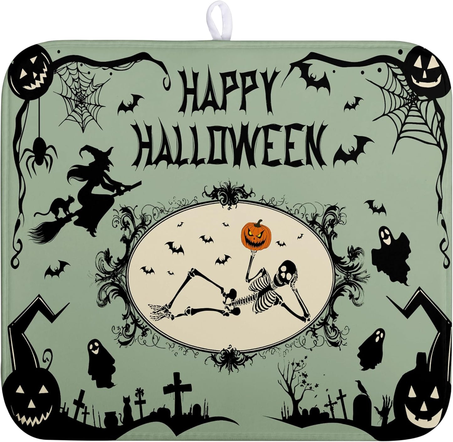 Happy Halloween Dish Drying Mat for Kitchen Counter 16x18 Skull Pumpkin Witch Spider Web Bat Ghost Drying Mats Green Black Absorbent Microfiber Dish Drainer Rack Pad for Coffee Bar